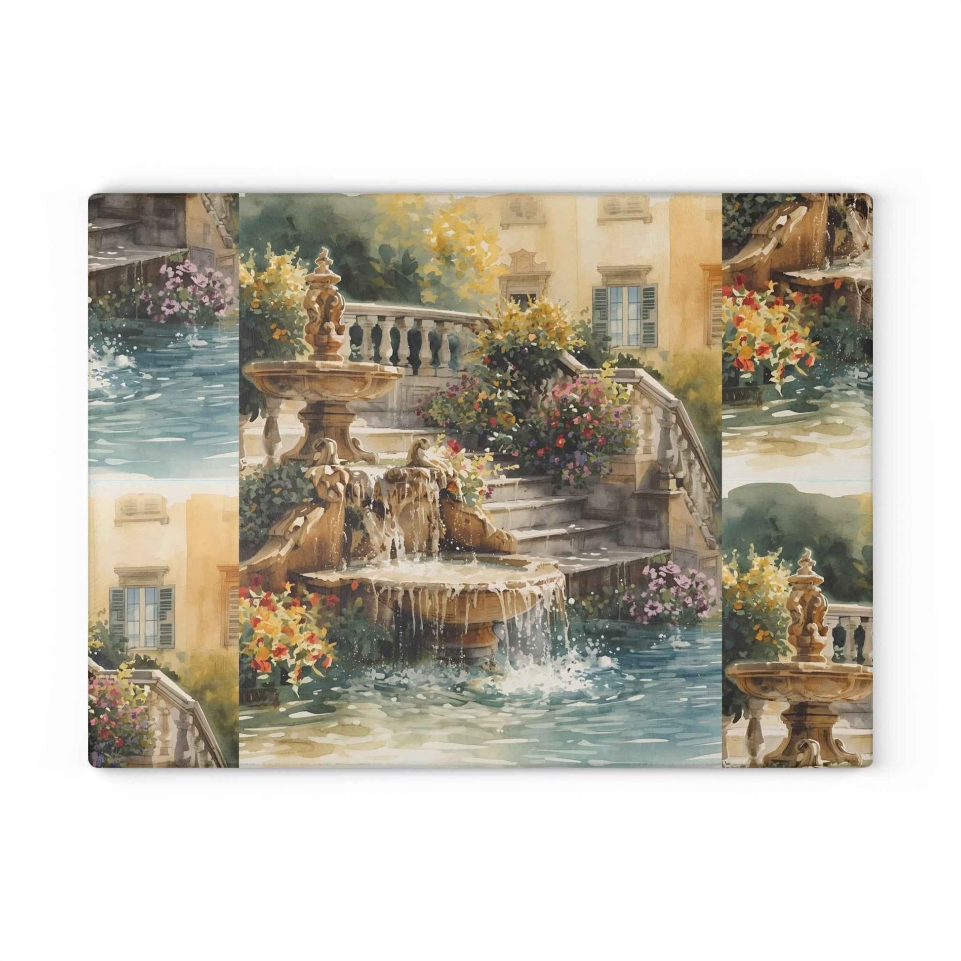 Elegant Tuscan Garden Fountain Glass Cutting Board