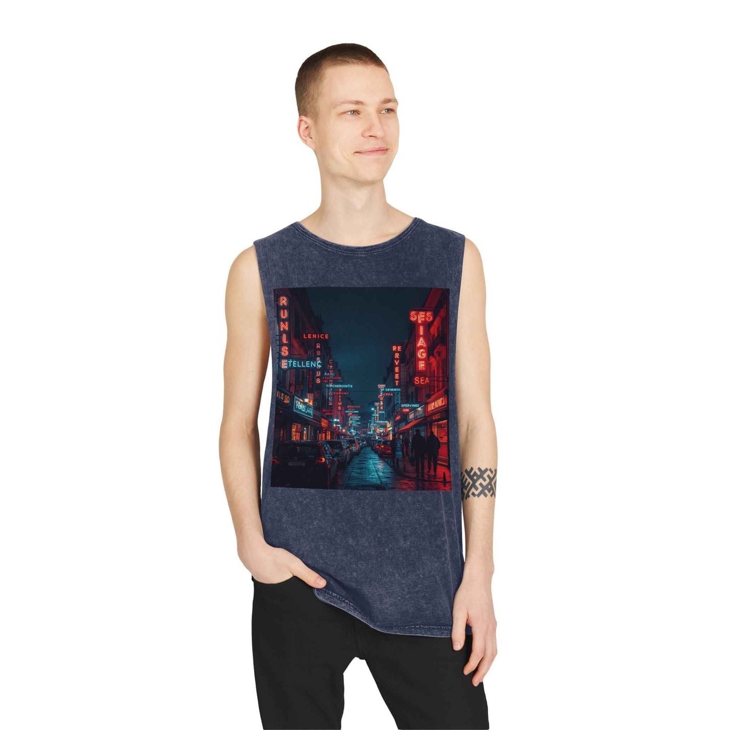 Neon French Cityscape Stonewash Tank Top With Retro Cyberpunk Night Street Print