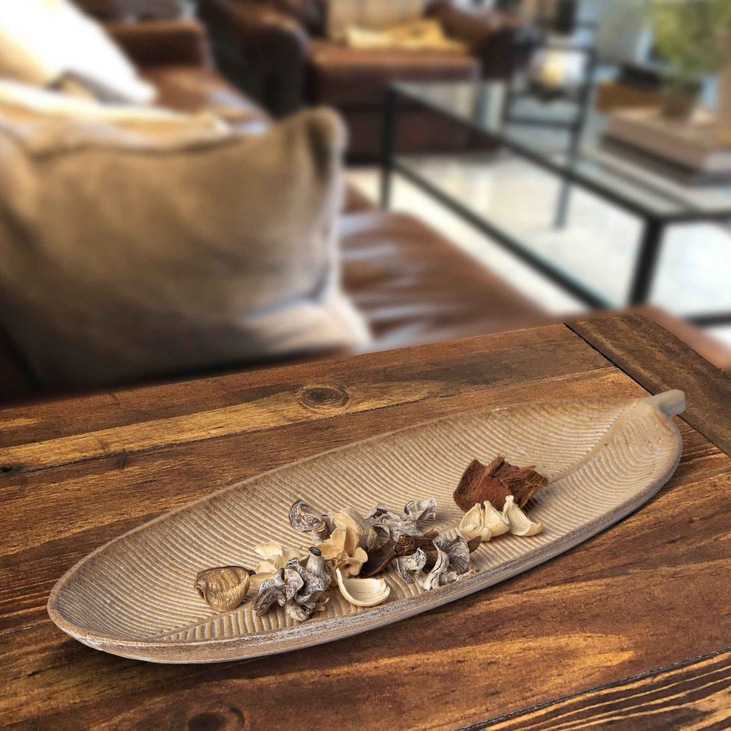 Leaf Design Wood Tray Decorative Centerpiece For Home Kitchen And Events