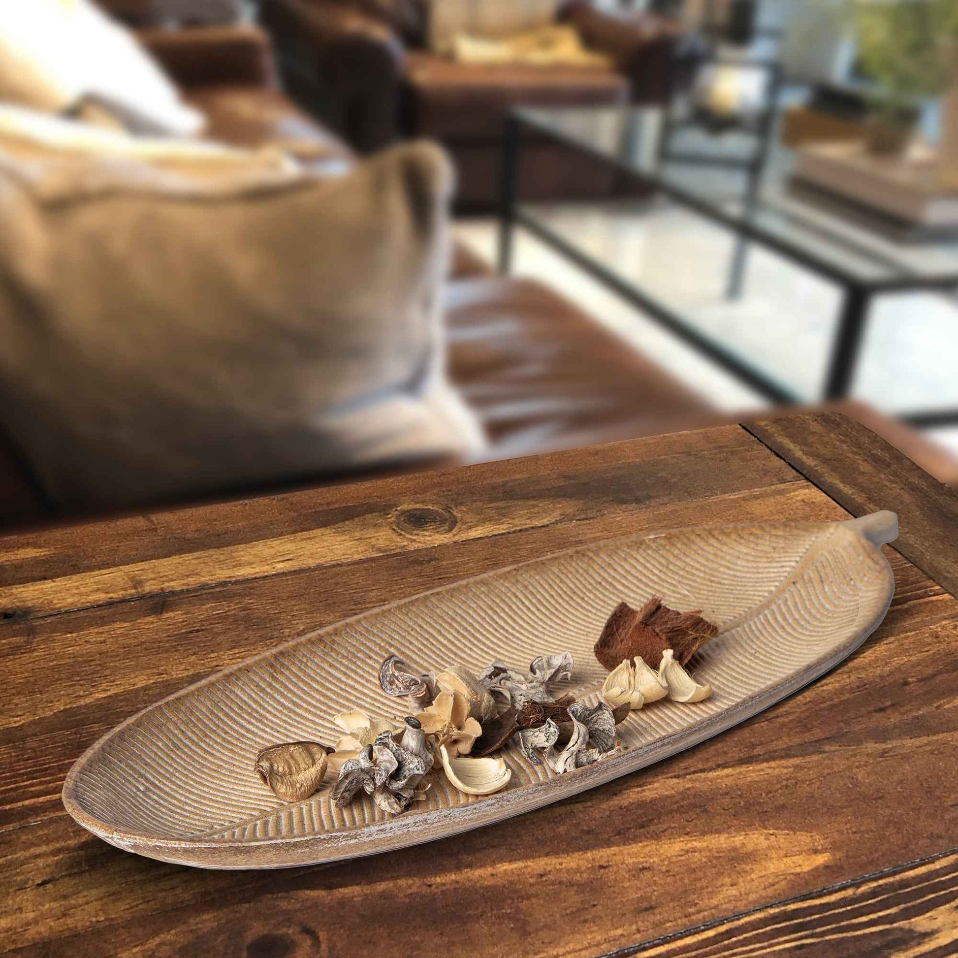Leaf Design Wood Tray Decorative Centerpiece For Home Kitchen And Events