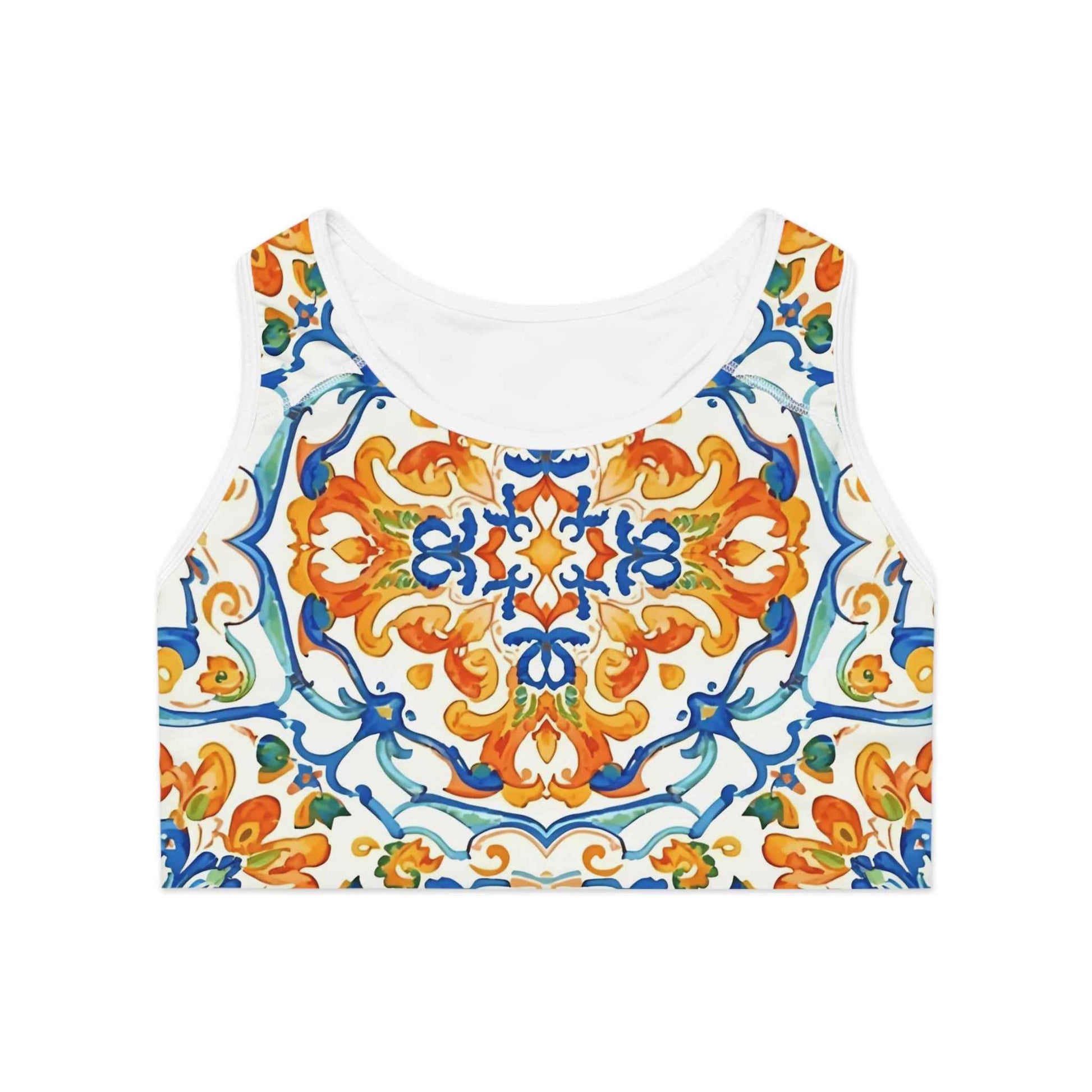 Mediterranean Tile Compression Sports Bra Orange Blue Allover Print