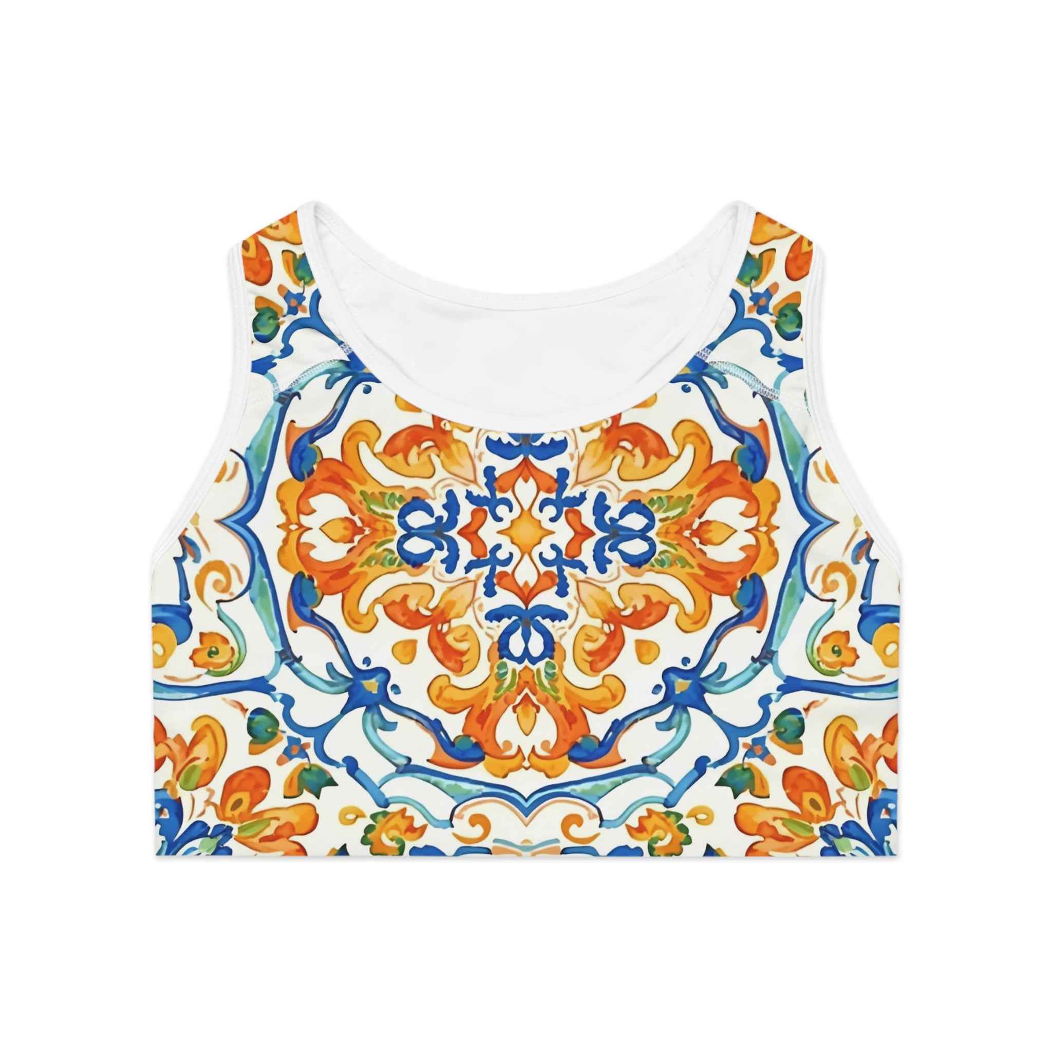 Mediterranean Tile Compression Sports Bra Orange Blue Allover Print