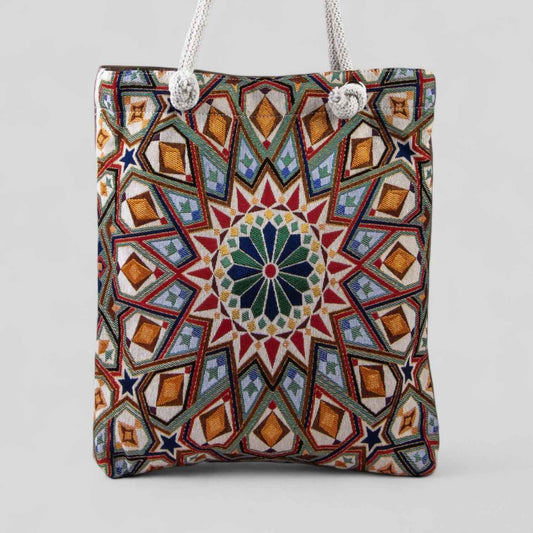 Authentic Kilim Fabric Purse with Rope Handles, Turkish Carpet, Beach Bag, Tote, Reusable Shopping Bag -- Geometric Mandala