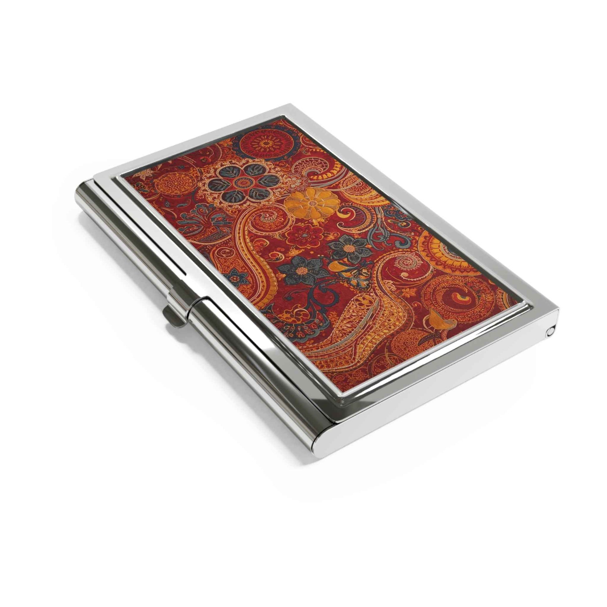 Paisley Floral Business Card Holder — Vintage Red & Orange Metal Card Case