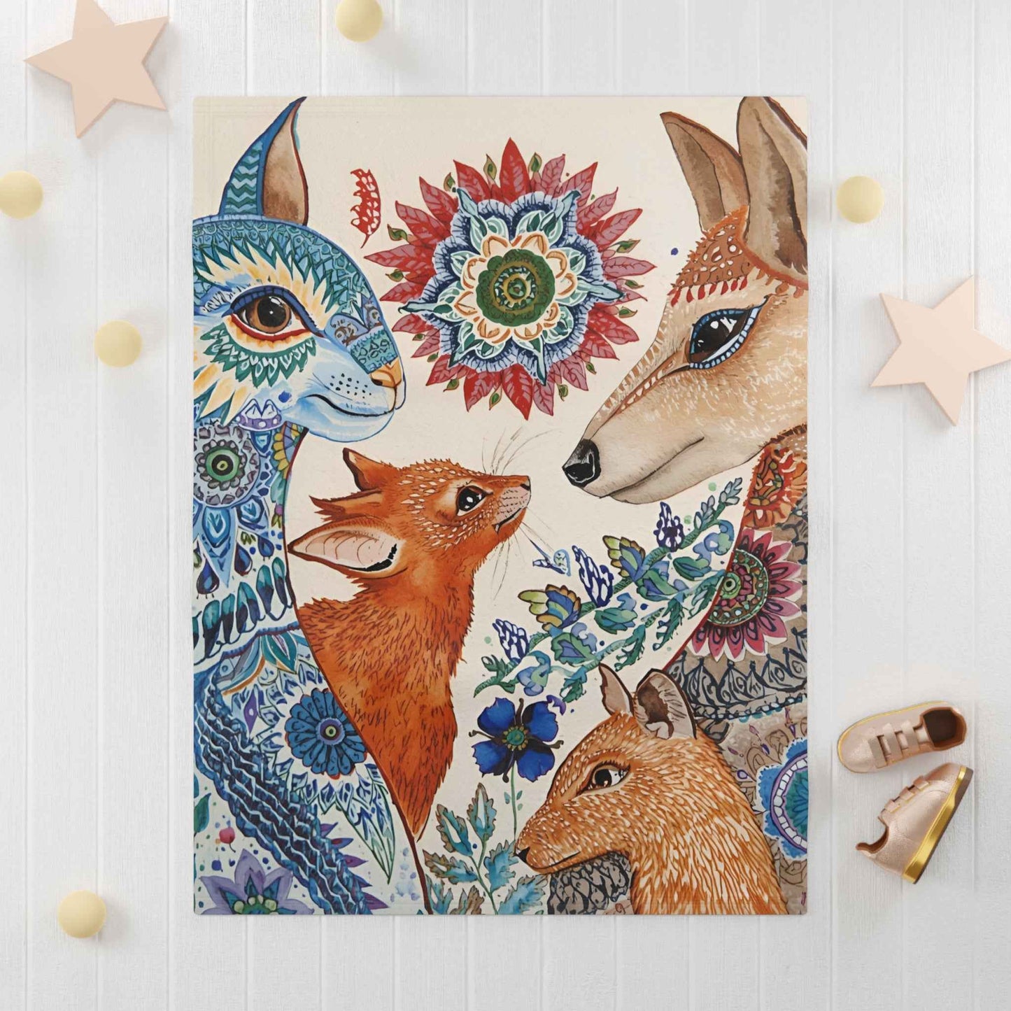 Artistic Fleece Baby Blanket - Whimsical Boho Style Animal Design