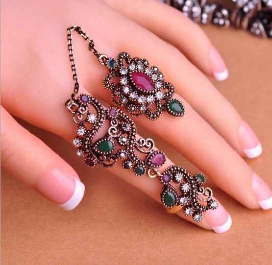 Turkish Multicolor Resin Double Finger Ring Set for Women Vintage Jewelry