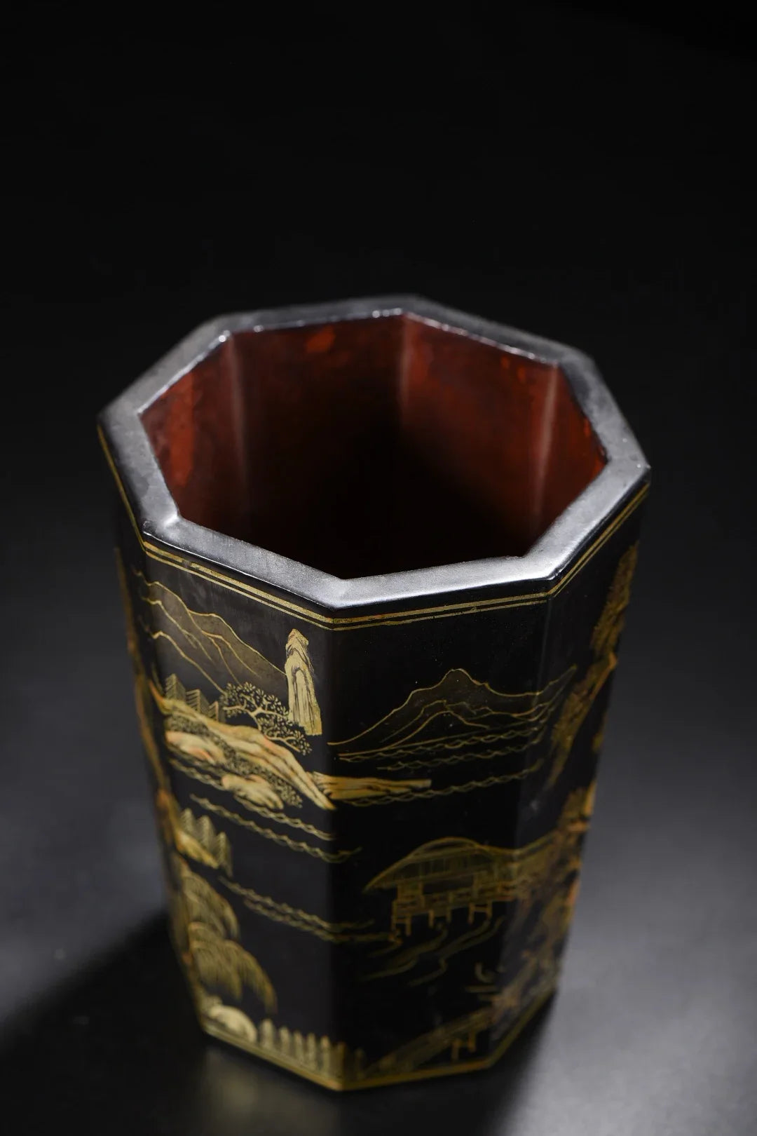 Nepalese Folk Lacquerware Pen Holder – Gold-Outlined Landscape Brush/Pen and Pencil Pot (6")