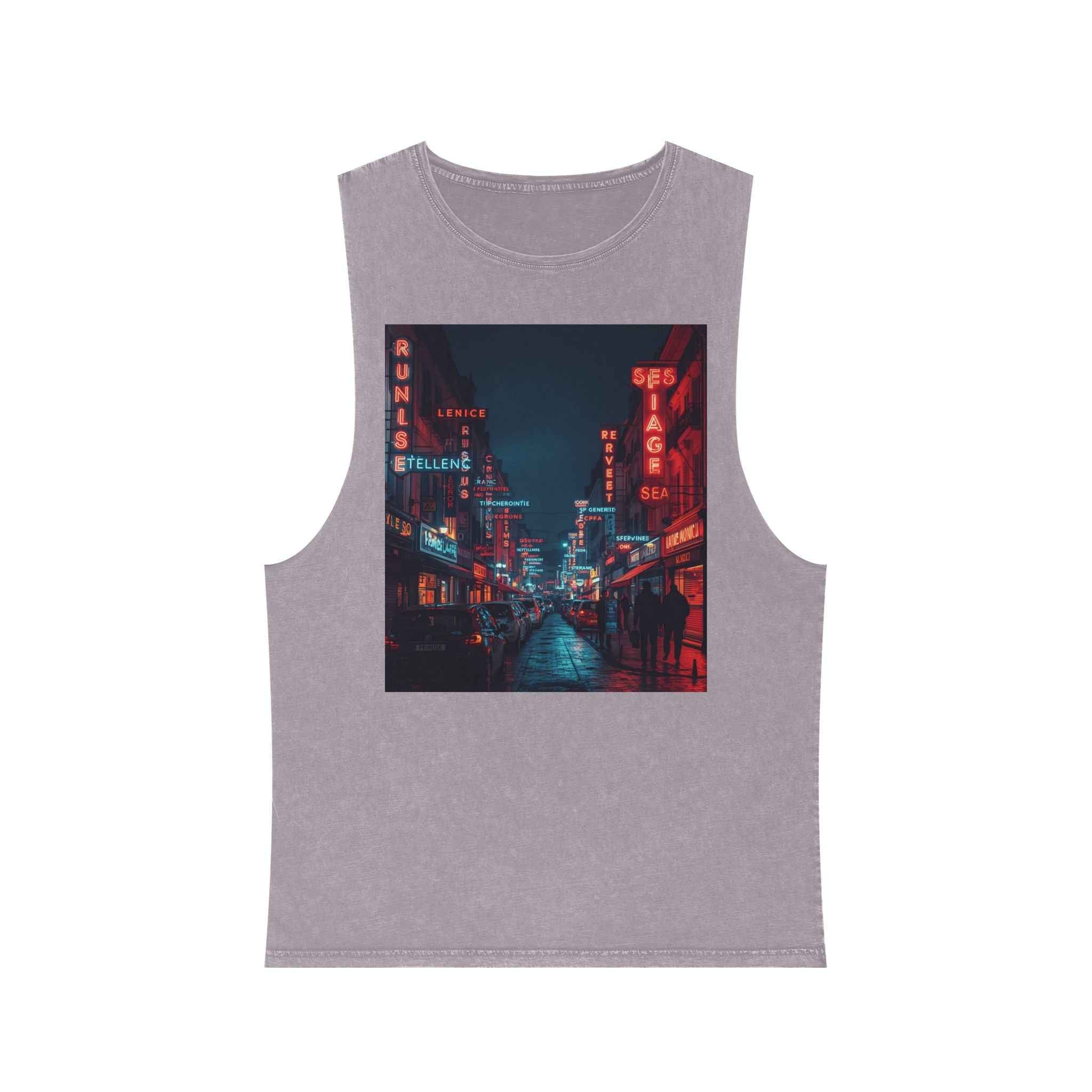 Neon French Cityscape Stonewash Tank Top With Retro Cyberpunk Night Street Print