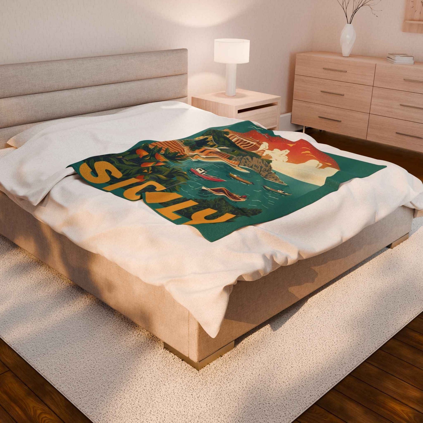 Sicily Scenic Velveteen Plush Blanket – Luxurious Coastal Travel Art