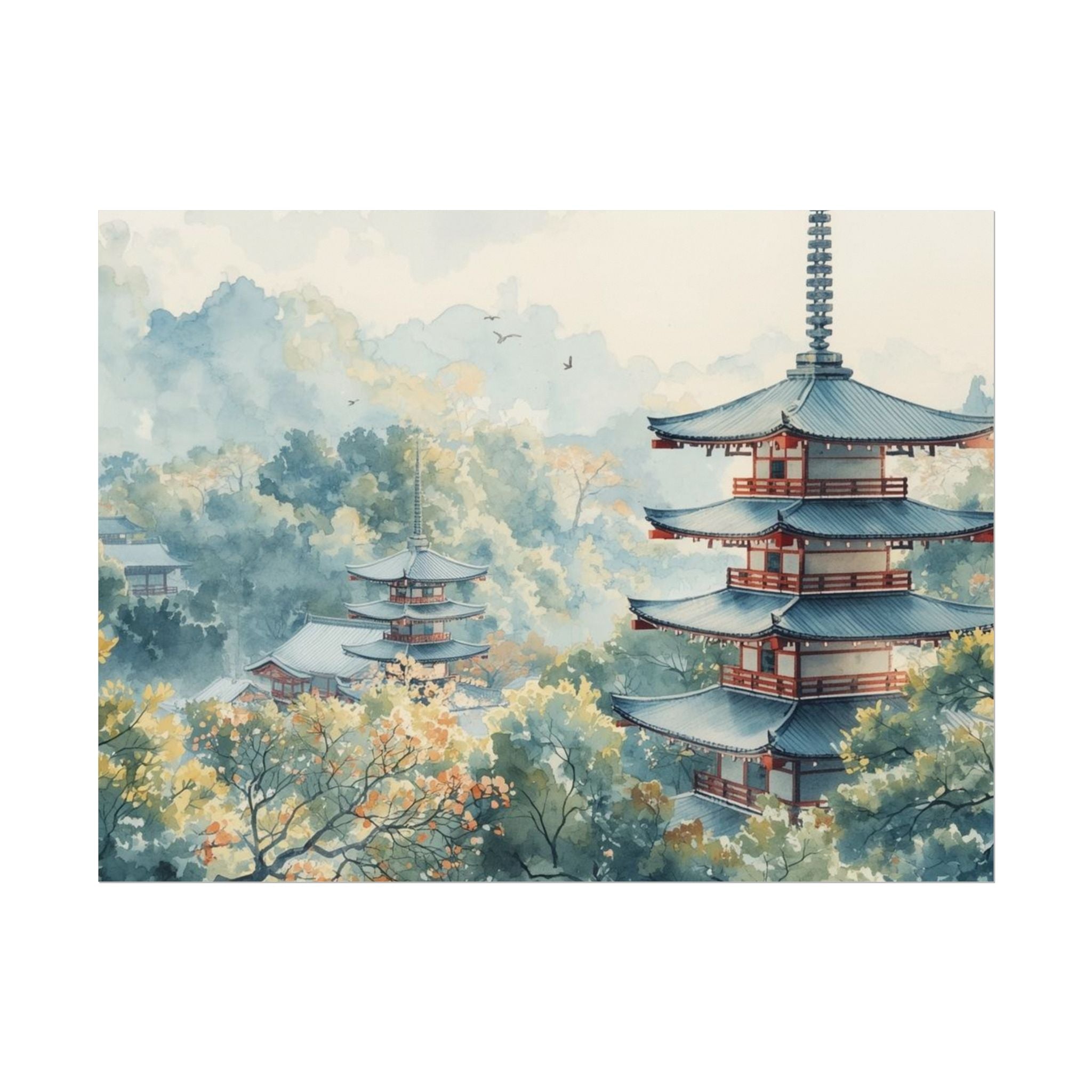 Serene Watercolor Poster Art Nature Wall Decor Pagoda - Rosetta Creative Boutique