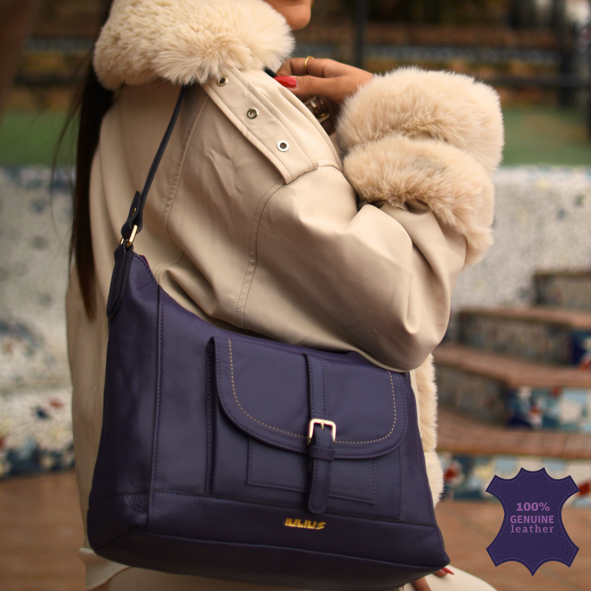 Everyday purple leather shoulder purse with front flap pocket