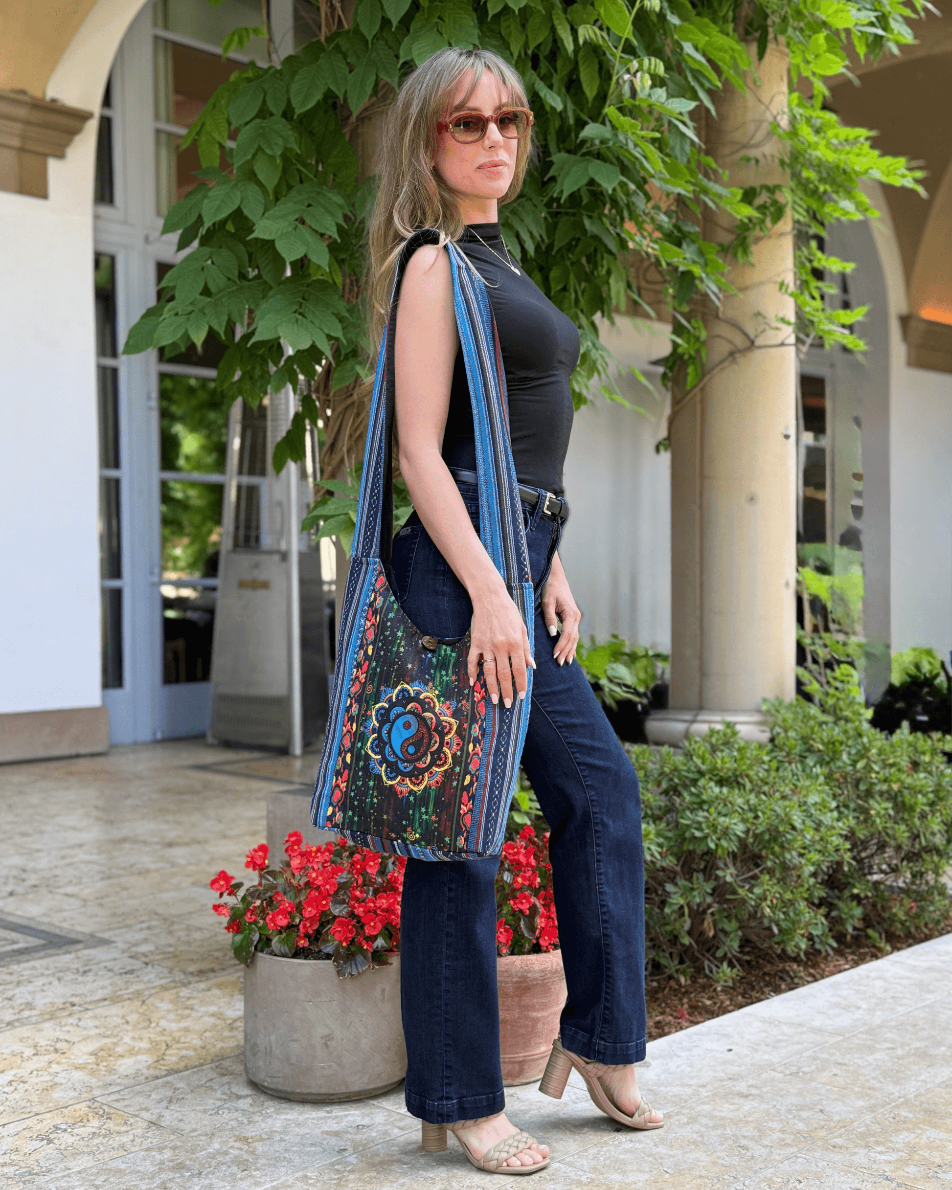 Kathmandu Yin Yang Print Hobo Bag Handmade Cotton Crossbody - Rosetta Creative Boutique