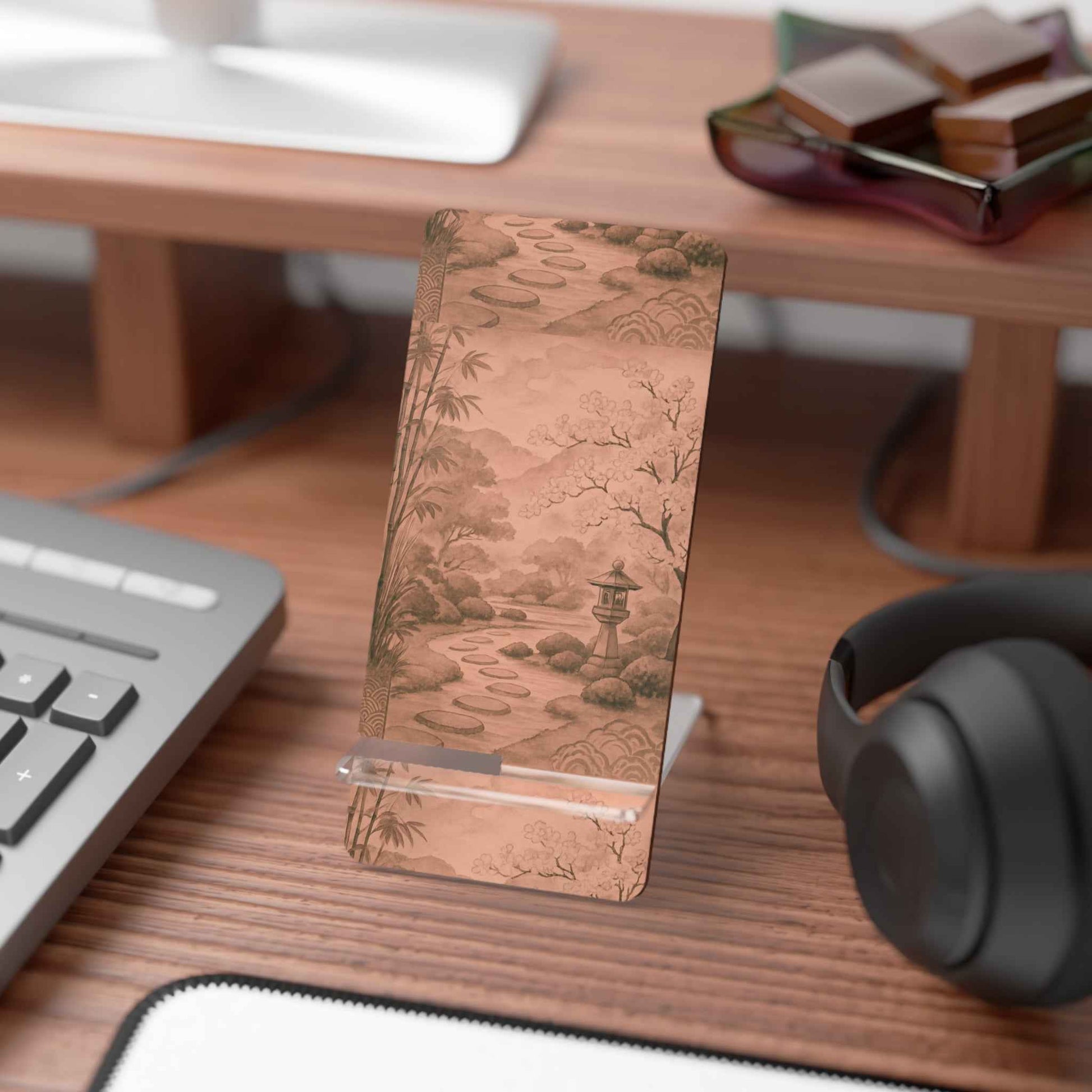 Elegant Smartphone Display Stand with Serene Japanese Garden Design