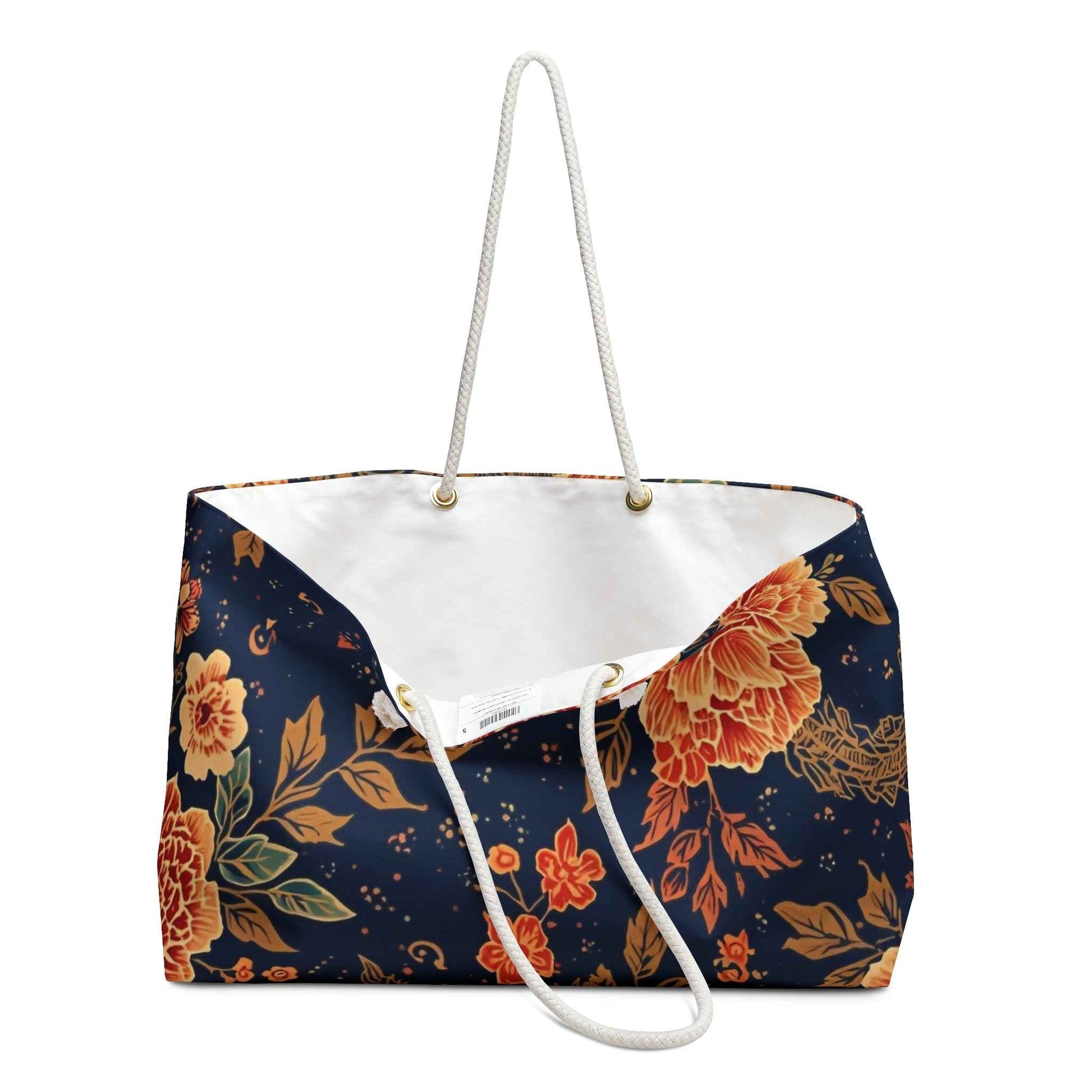 Navy Floral Weekender Bag — Vintage Orange Peony Travel Tote