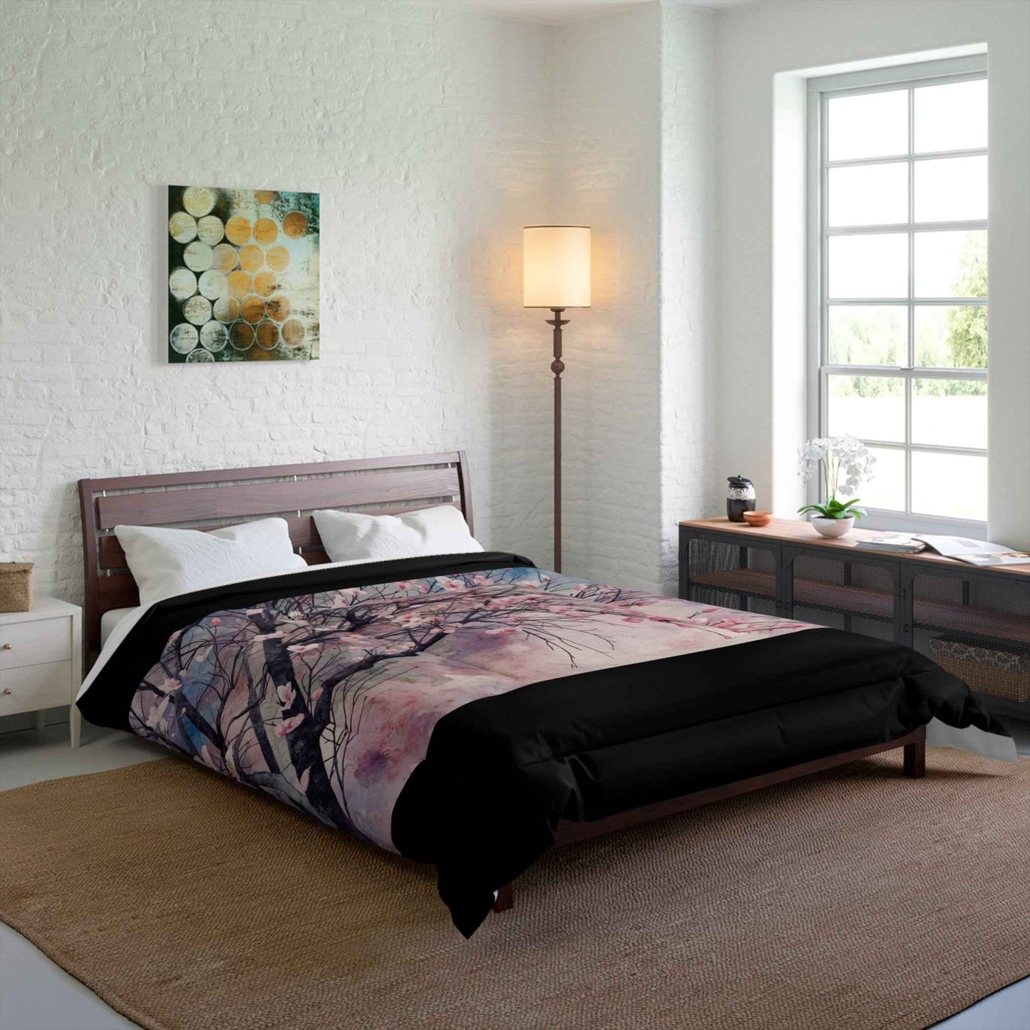 Cherry Blossom Comforter Set Lightweight Pink Watercolor Tree Bedding Microfiber