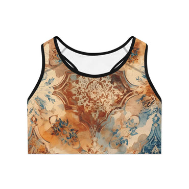 Vintage Floral Mosaic Sports Bra Boho Athletic Crop Top
