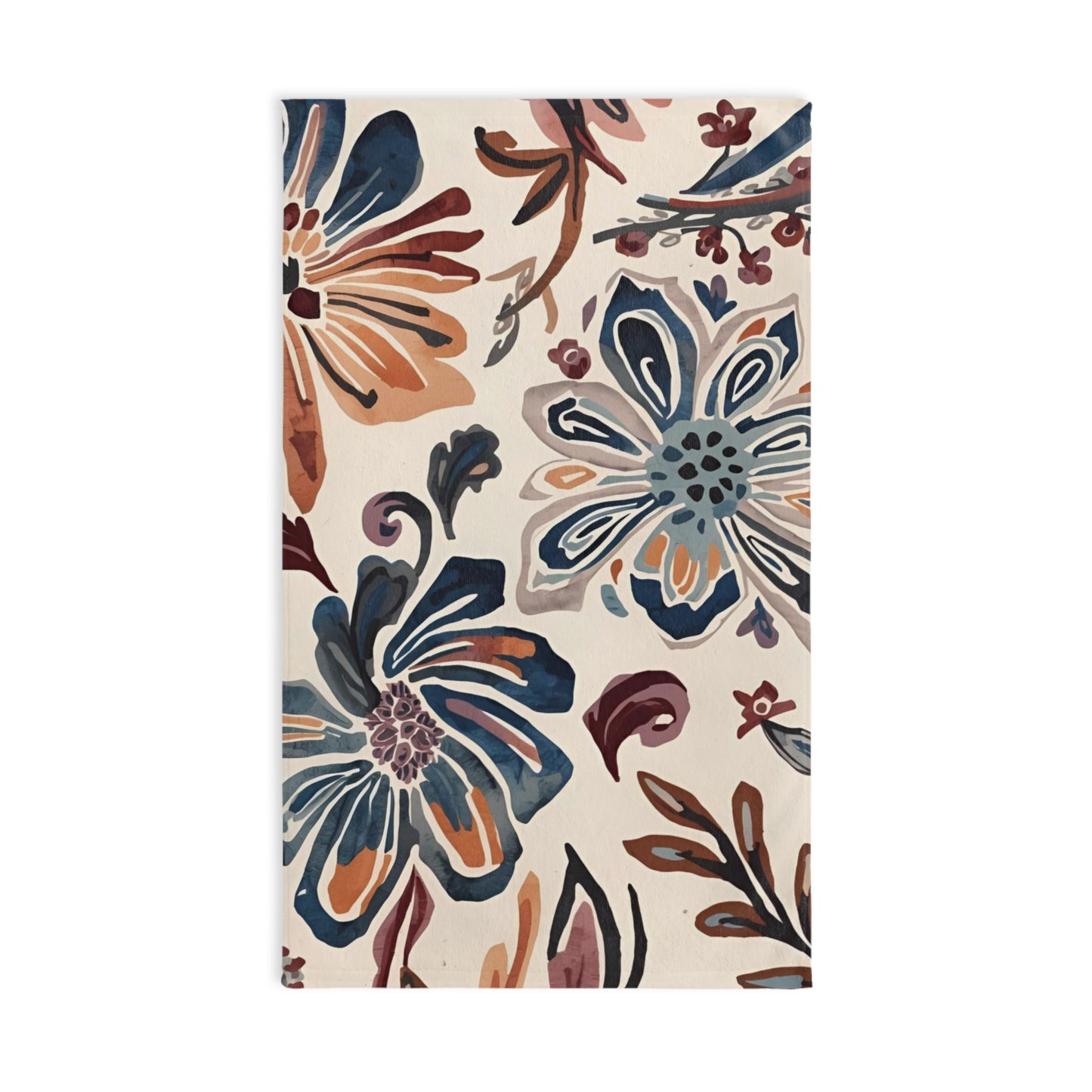Floral Watercolor Hand Towel — Boho Blue & Terracotta Kitchen or Bath Accent