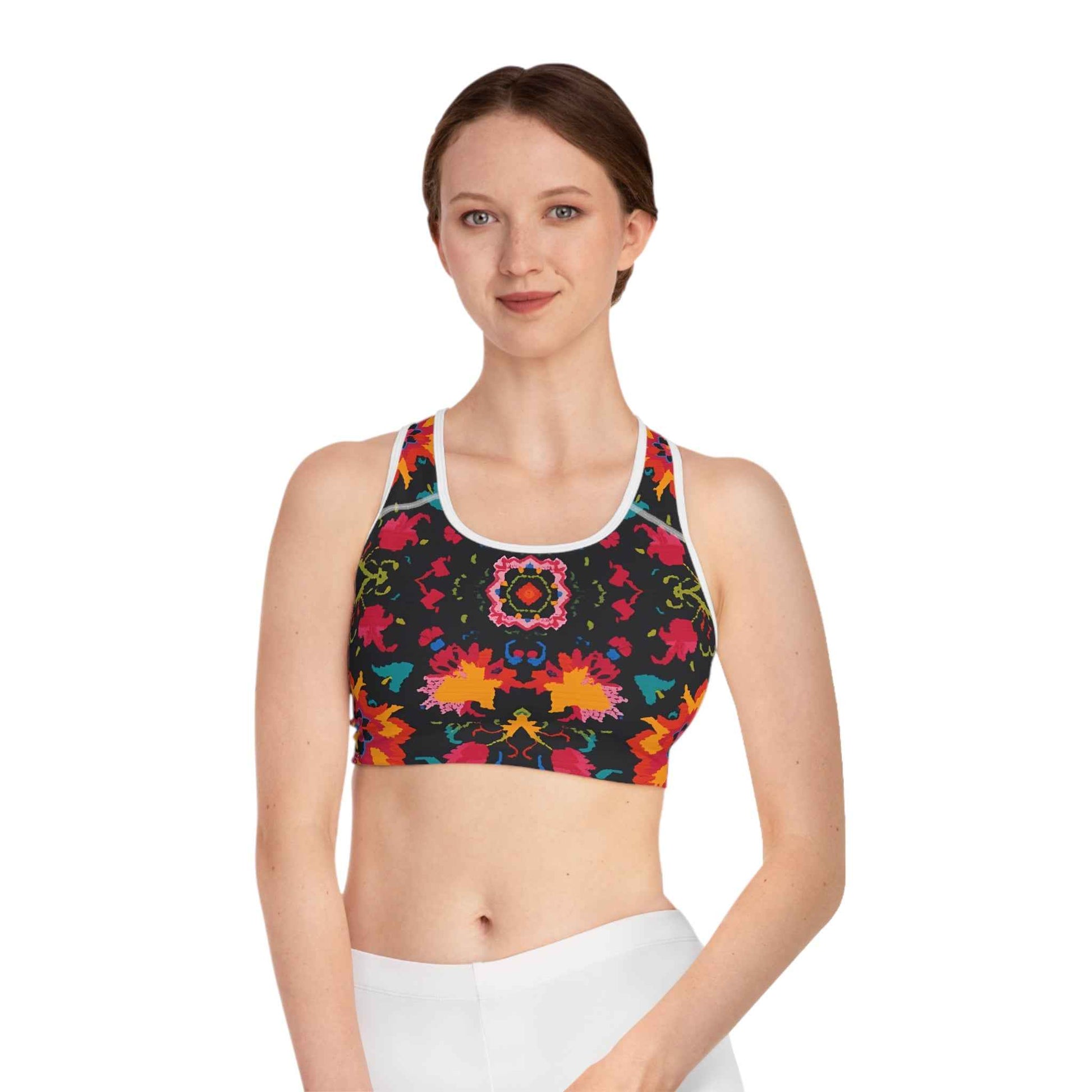 Bold Kaleidoscope Active Crop Sports Bra Floral Ikat Print