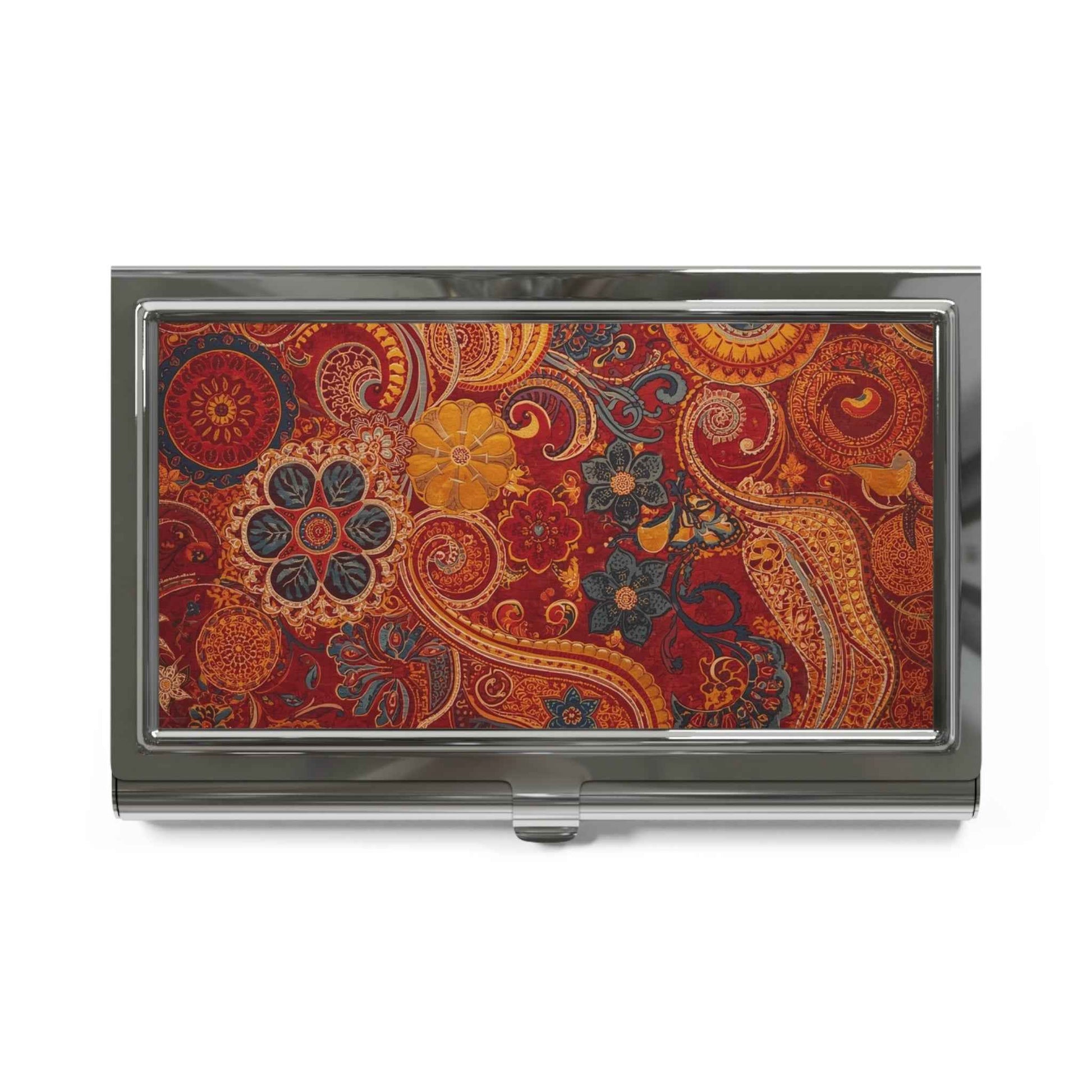 Paisley Floral Business Card Holder — Vintage Red & Orange Metal Card Case