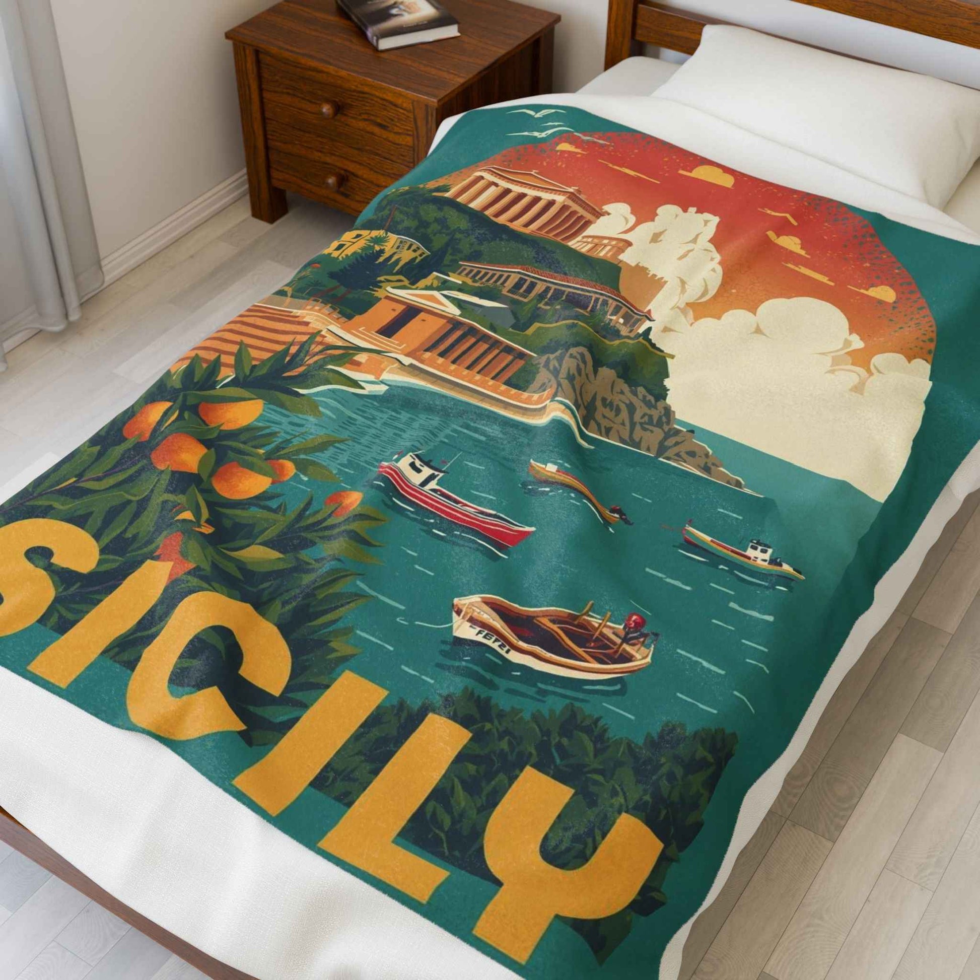 Sicily Scenic Velveteen Plush Blanket – Luxurious Coastal Travel Art