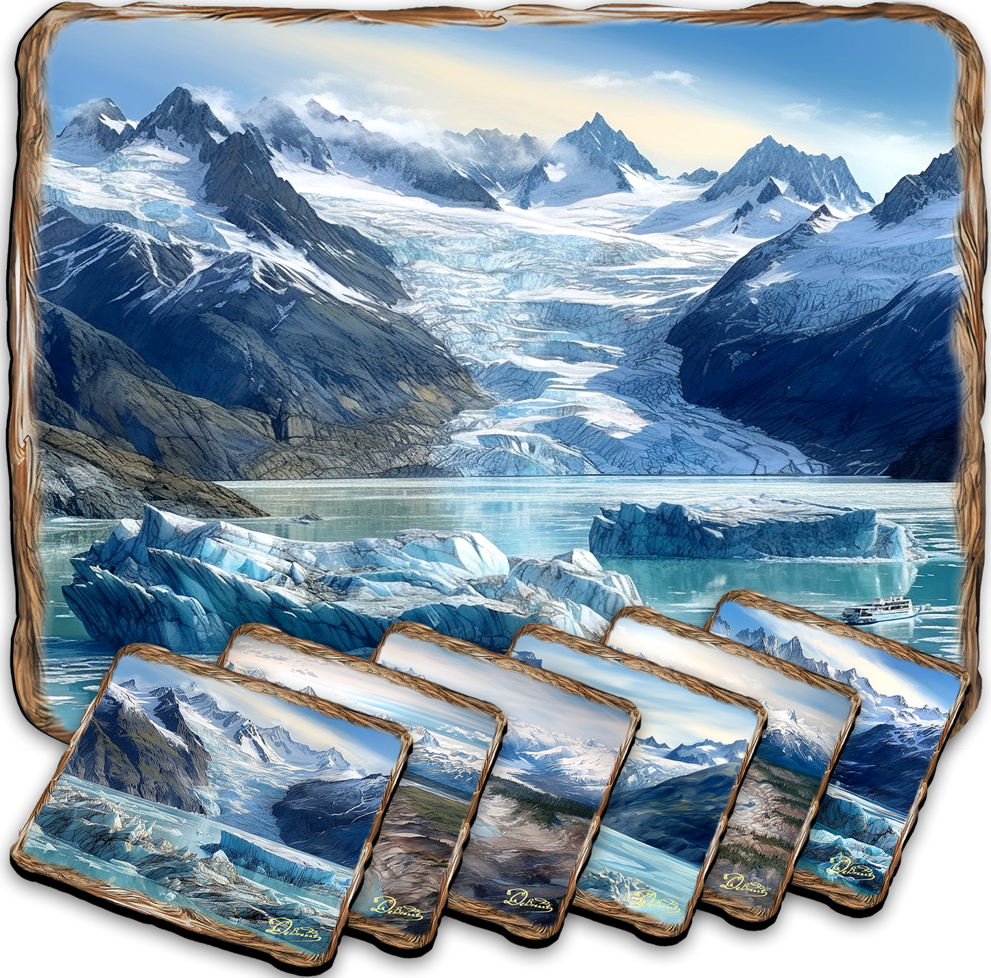 Glacier's Majesty Wooden Cork Placemat and Coasters Gift Set of 7 by Nature Wonders Nature Wildlife Decor  - 85402C-S7