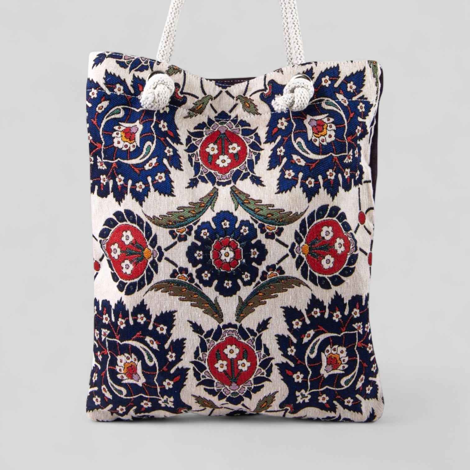 Floral Kilim Purse With Rope Handles Turkish Carpet Tote Bag