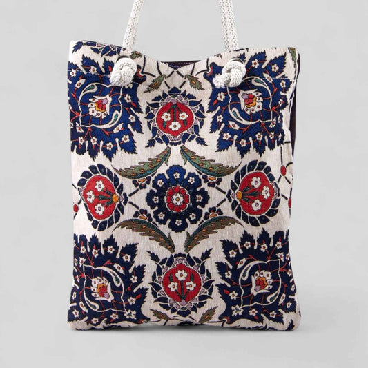 Floral Kilim Purse With Rope Handles Turkish Carpet Tote Bag