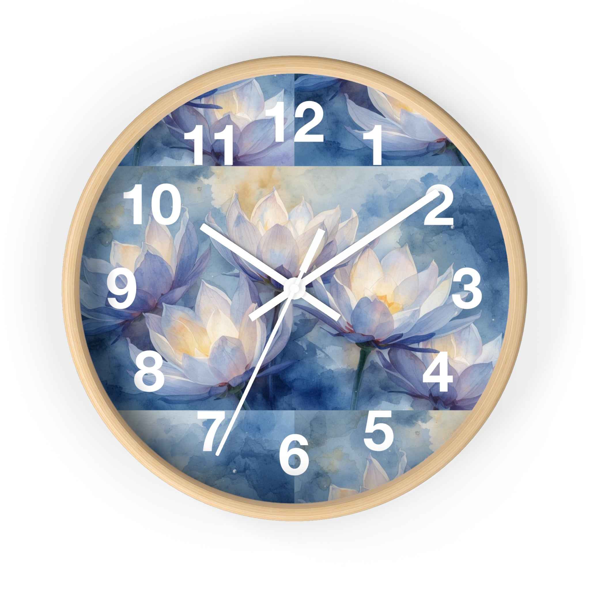 Lotus Watercolor Wall Clock — Blue Floral Decorative Clock for Living Room, Bedroom, Yoga Studio