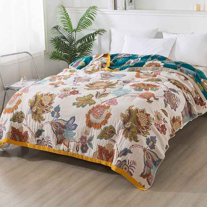 Pure Cotton Layer Gauze Towel Blanket Plant Pattern Summer Bedding 150x200cm