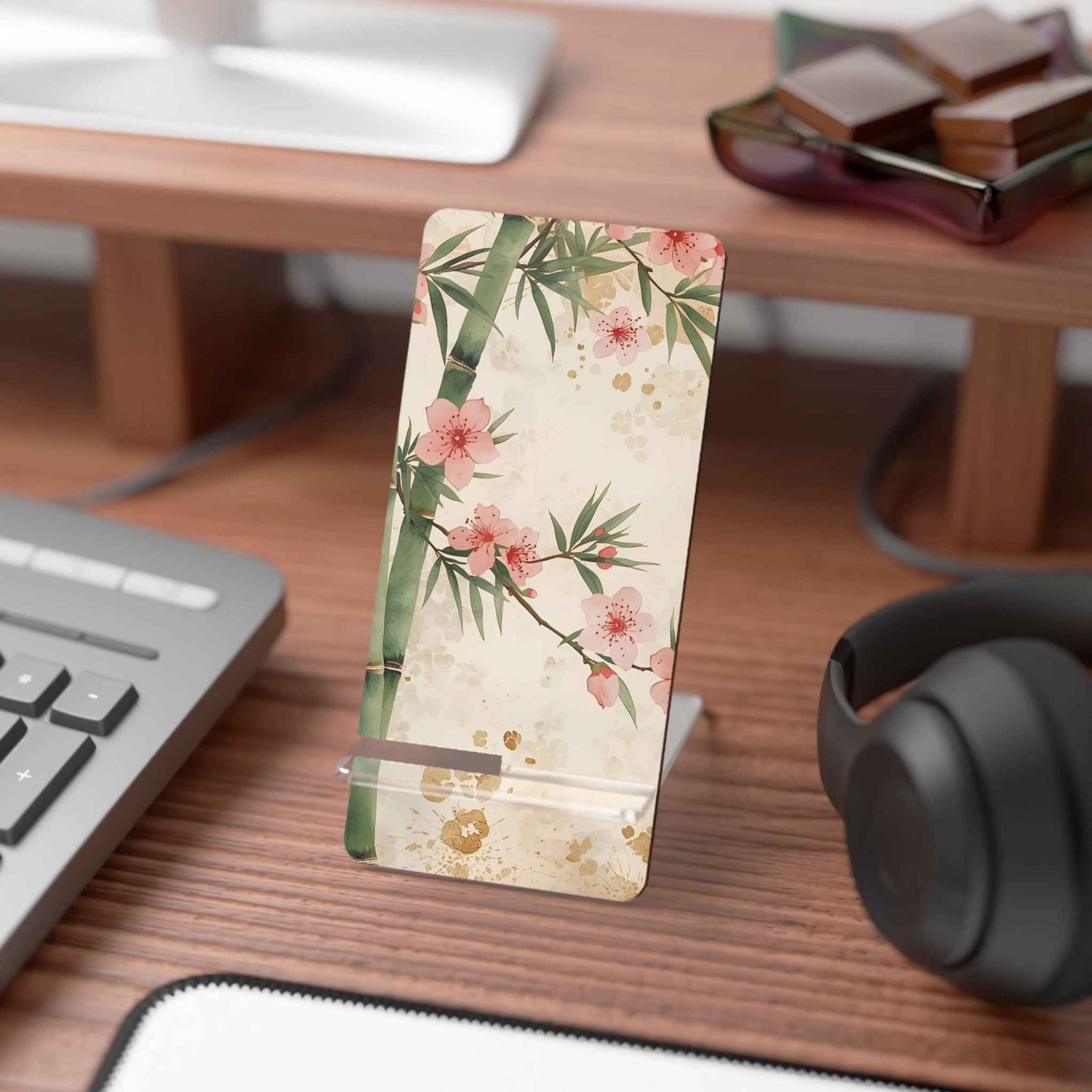 Elegant Bamboo Phone Stand with Cherry Blossom Design