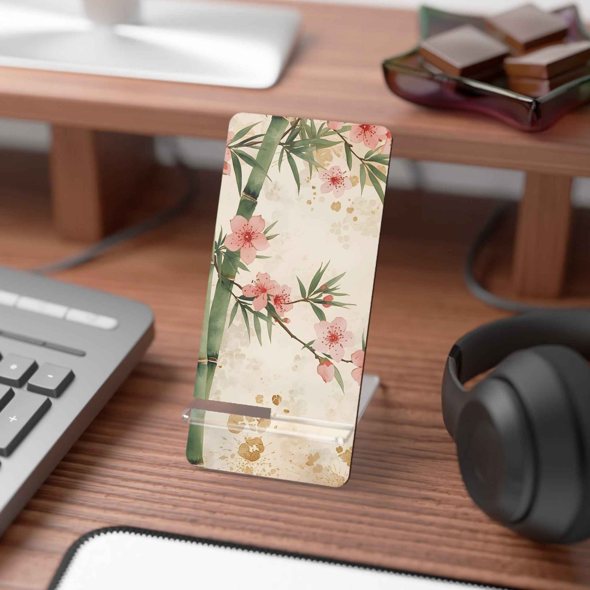 Elegant Bamboo Phone Stand with Cherry Blossom Design