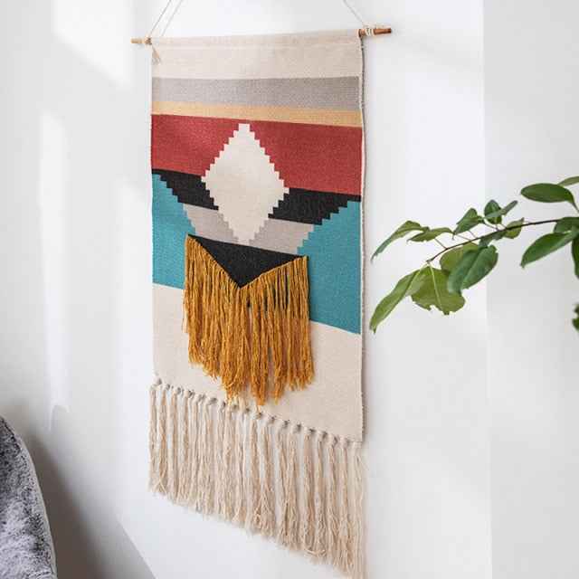 Cotton Linen Bohemian Tassel Geometric Tapestry Wall Hanging Decor