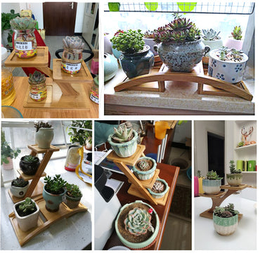 Wooden Mini Plant Stand With Multi Shape Shelves For Balcony Office Living Room