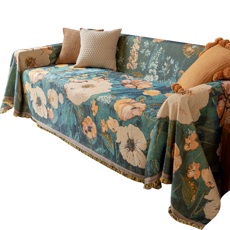 Artisan Floral Sofa Throw Cover | Vintage Oil Painting Style (100% Cotton)