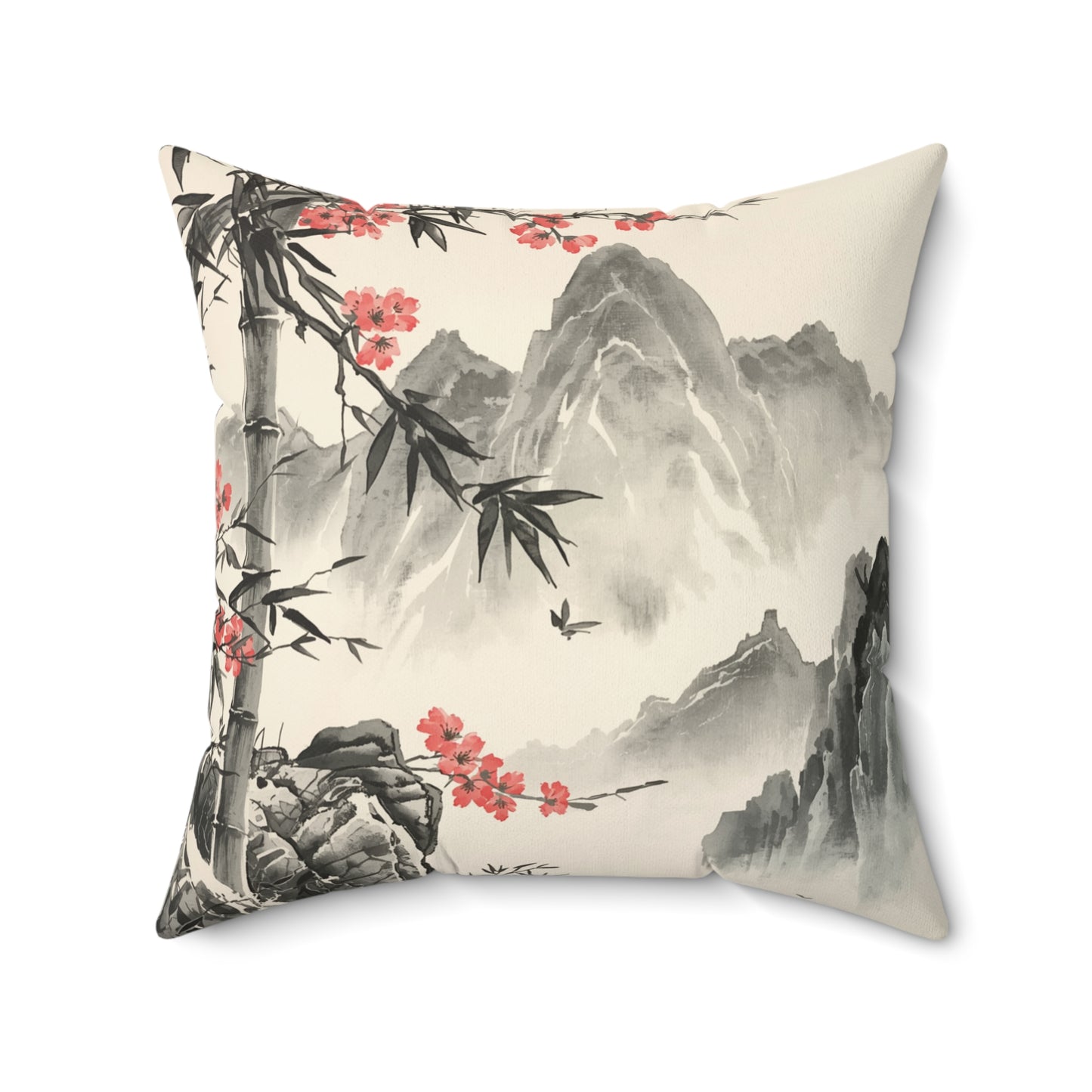 Suede Square Pillow — Asian Ink Landscape with Cherry Blossoms