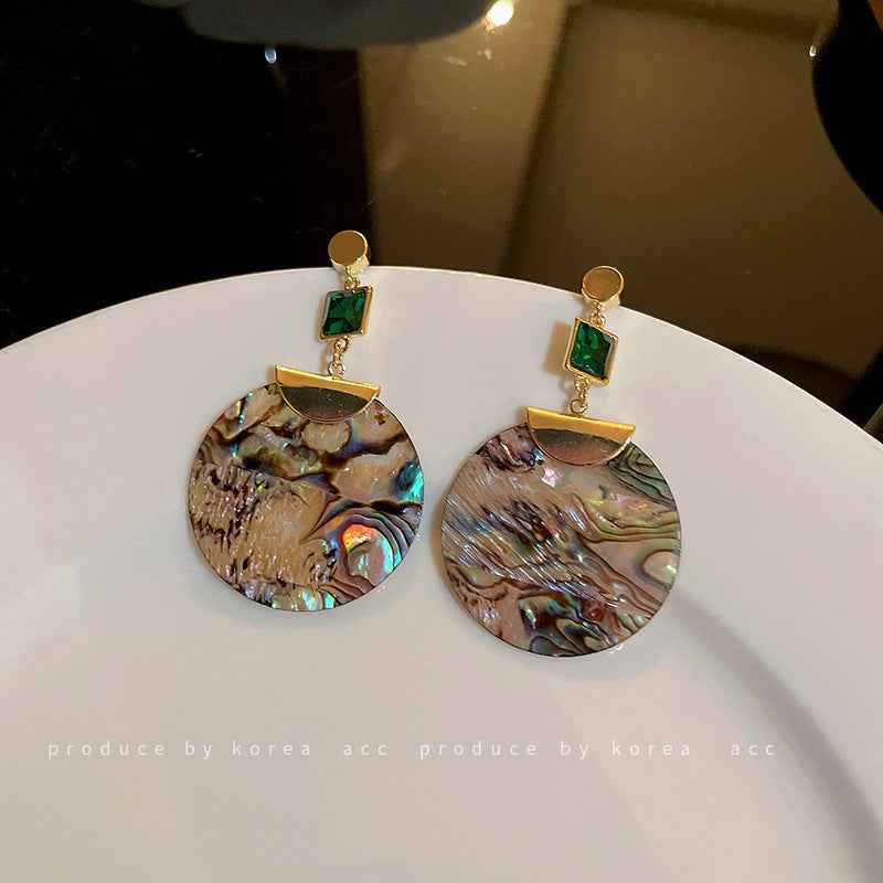 Silver Pin Emerald Shell Hoop Earrings with Diamonds