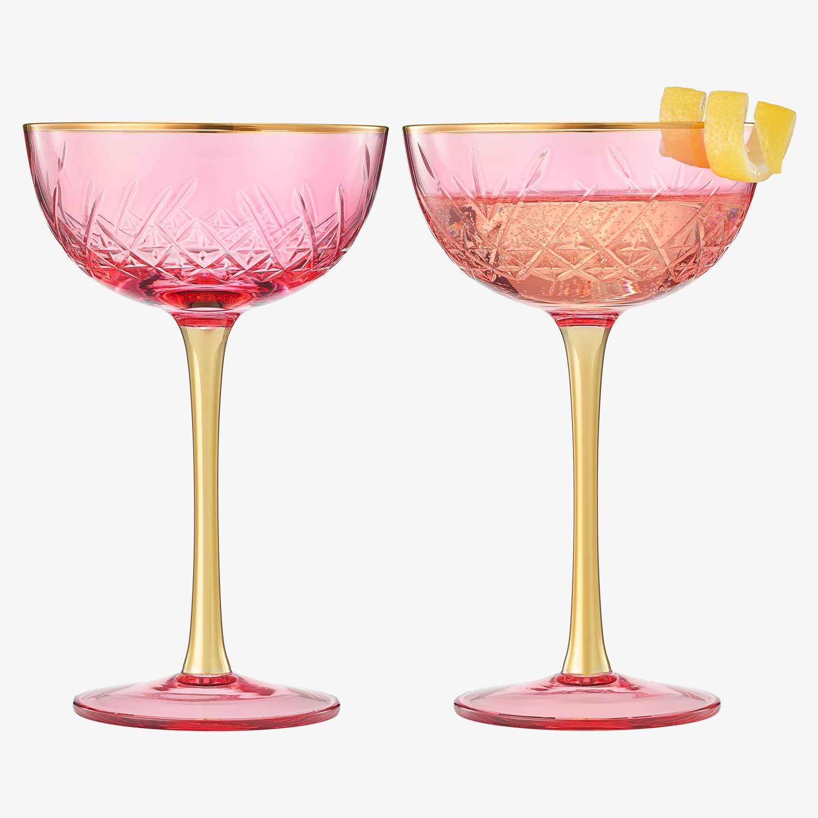 Vintage Art Deco Coupe for Champagne, Martini, Cocktails| Set of 2 | 7 oz Classic Cocktail Glassware - Manhattan, Cosmopolitan, Sidecar, Crystal Speakeasy Style Saucer Goblets with Stems (Pink)