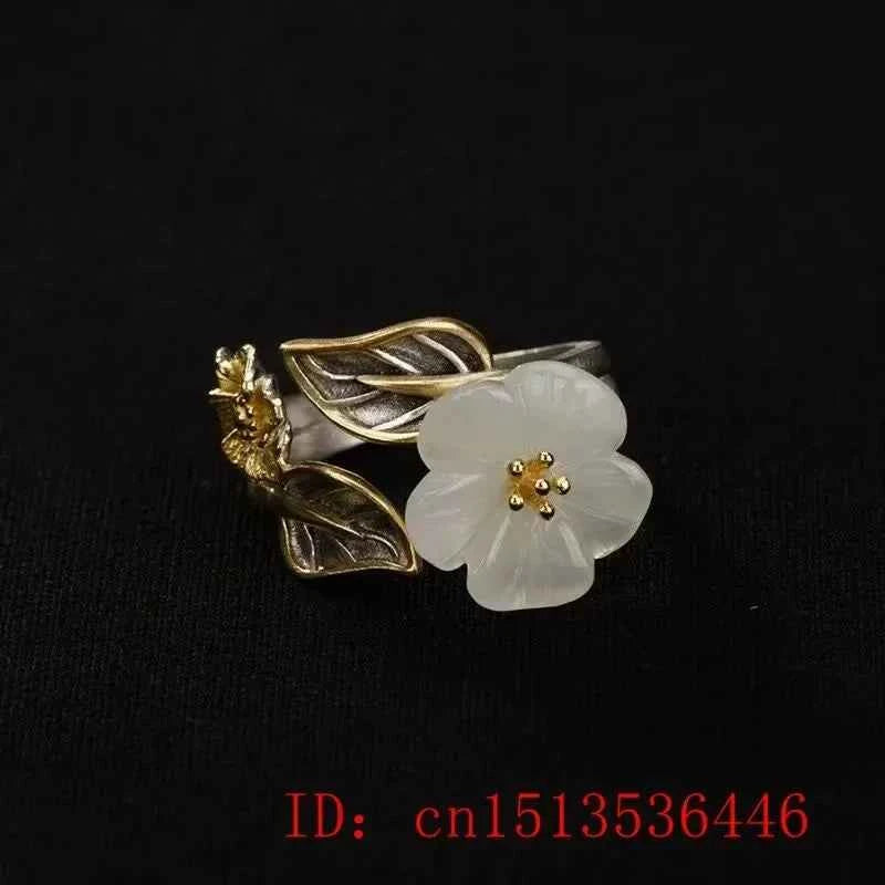 925 Silver White Hetian Jade Flower Adjustable Ring Jewelry Zircon Charm Gifts Crystal Amulet Men Women Chalcedony Fashion
