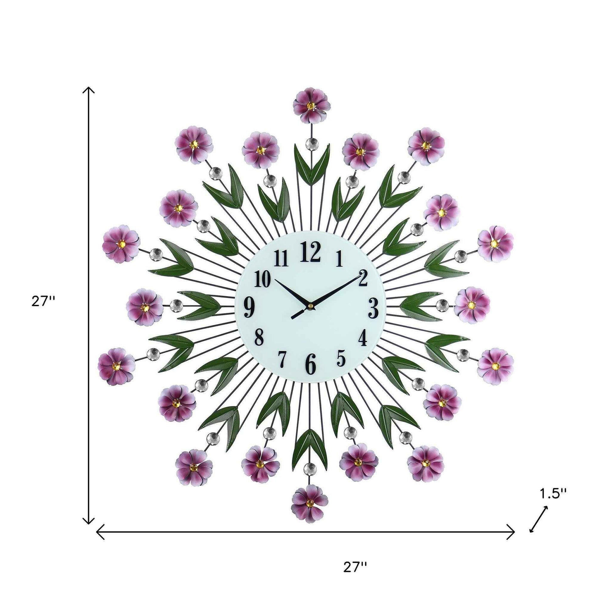 27" Purple Green And White Metal and Glass Silent Analog Floral Round Wall Clock