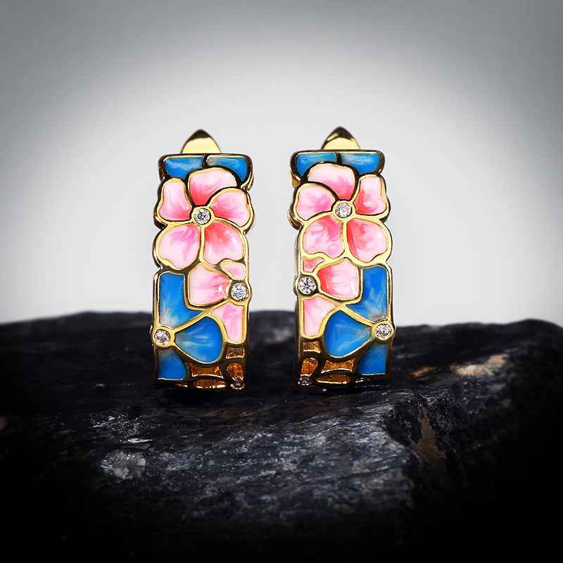 Fashion Enamel Flower Ladies Hug Earrings Retro Bohemian Round Small Earrings