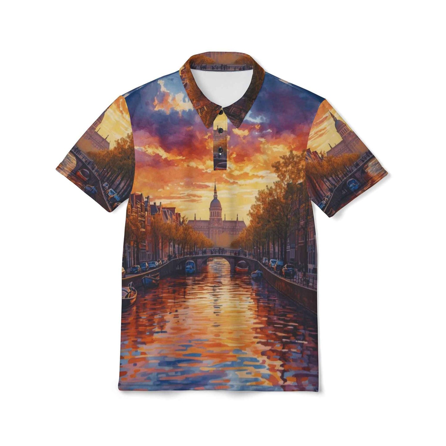 Sunset Amsterdam Canal Polo Shirt With Impressionist Cityscape All Over Print