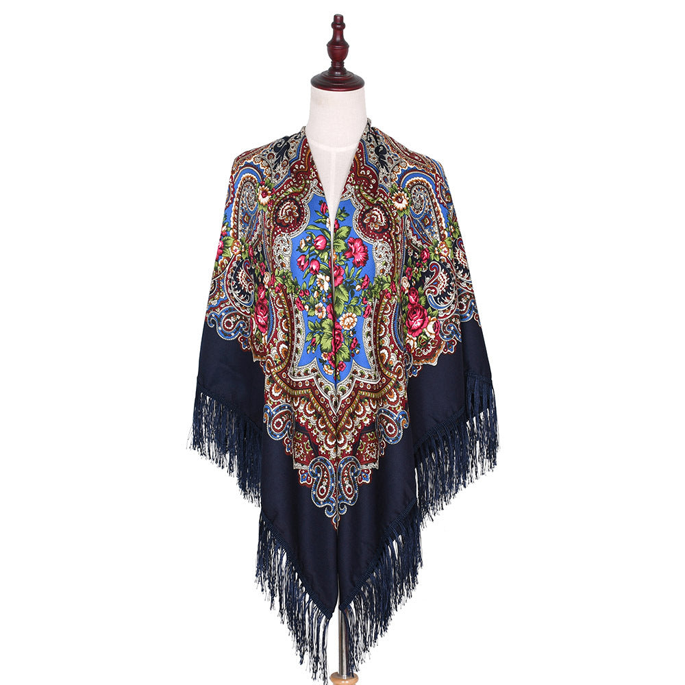 Vintage Twill Tassel Ethnic Print Cotton Blend Shawl 135x135cm