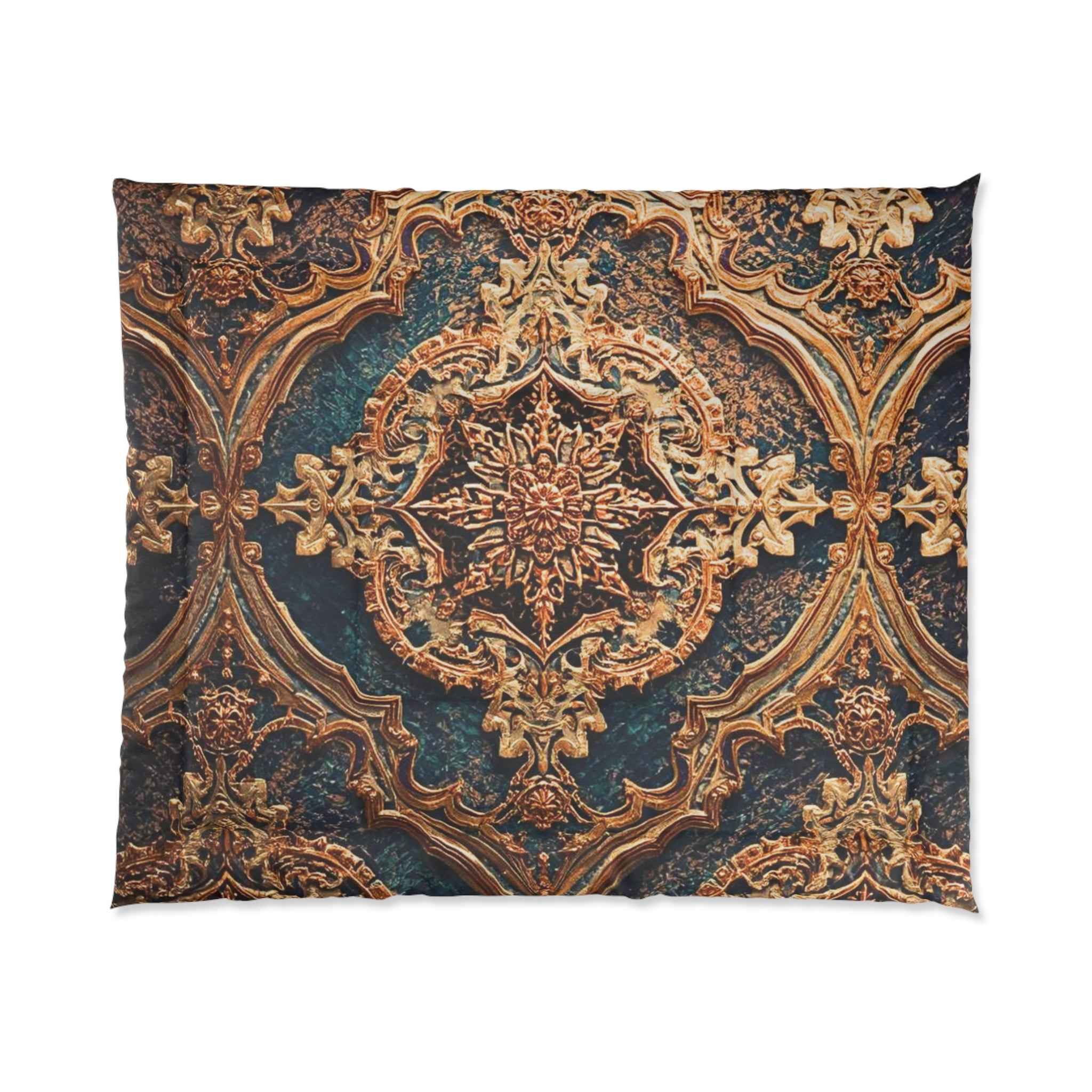 Baroque Ornate Comforter Vintage Gold Teal Medallion Bedding