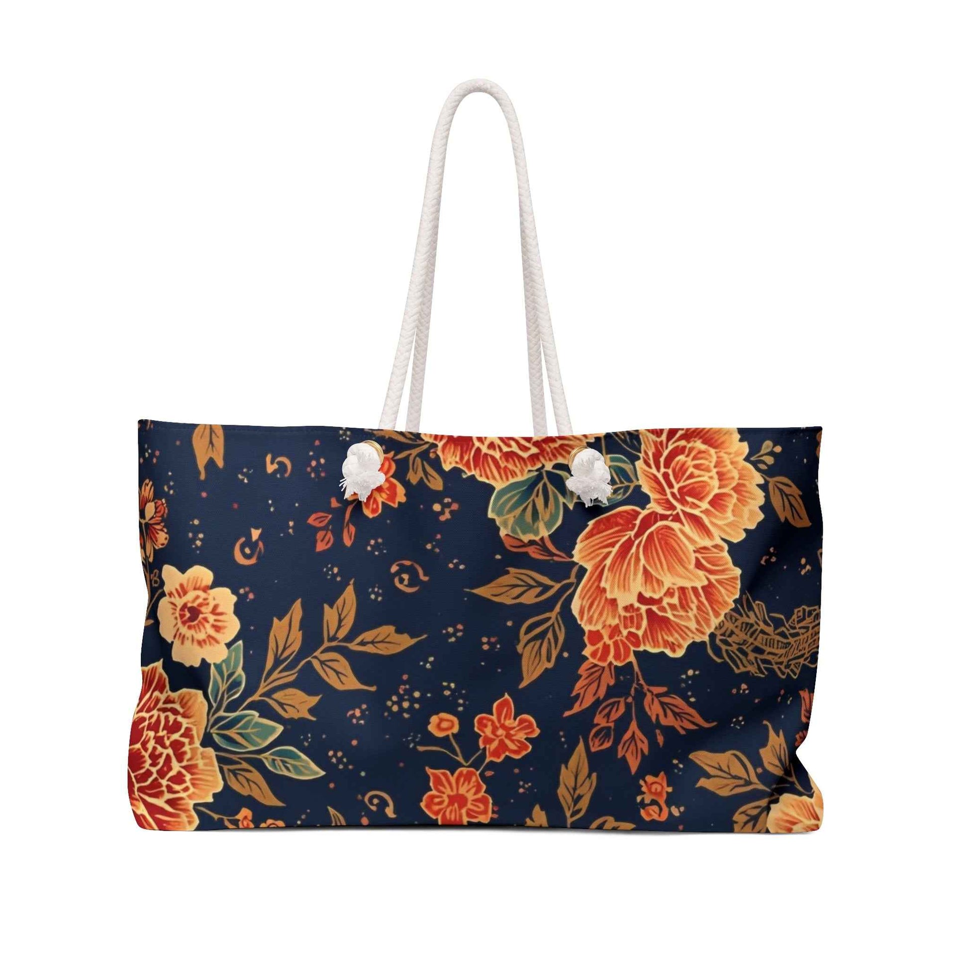 Navy Floral Weekender Bag — Vintage Orange Peony Travel Tote