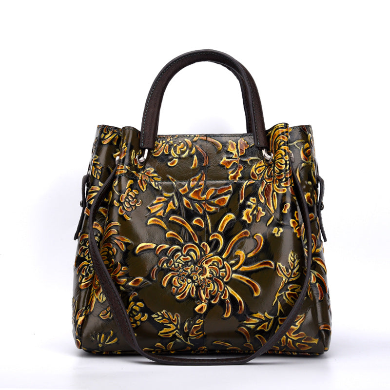 Floral Embossed Three Dimensional Genuine Leather Messenger Bag For Women