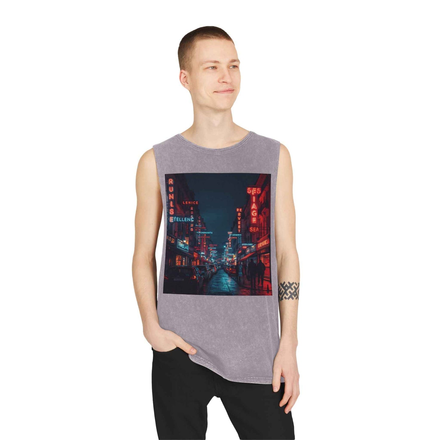 Neon French Cityscape Stonewash Tank Top With Retro Cyberpunk Night Street Print