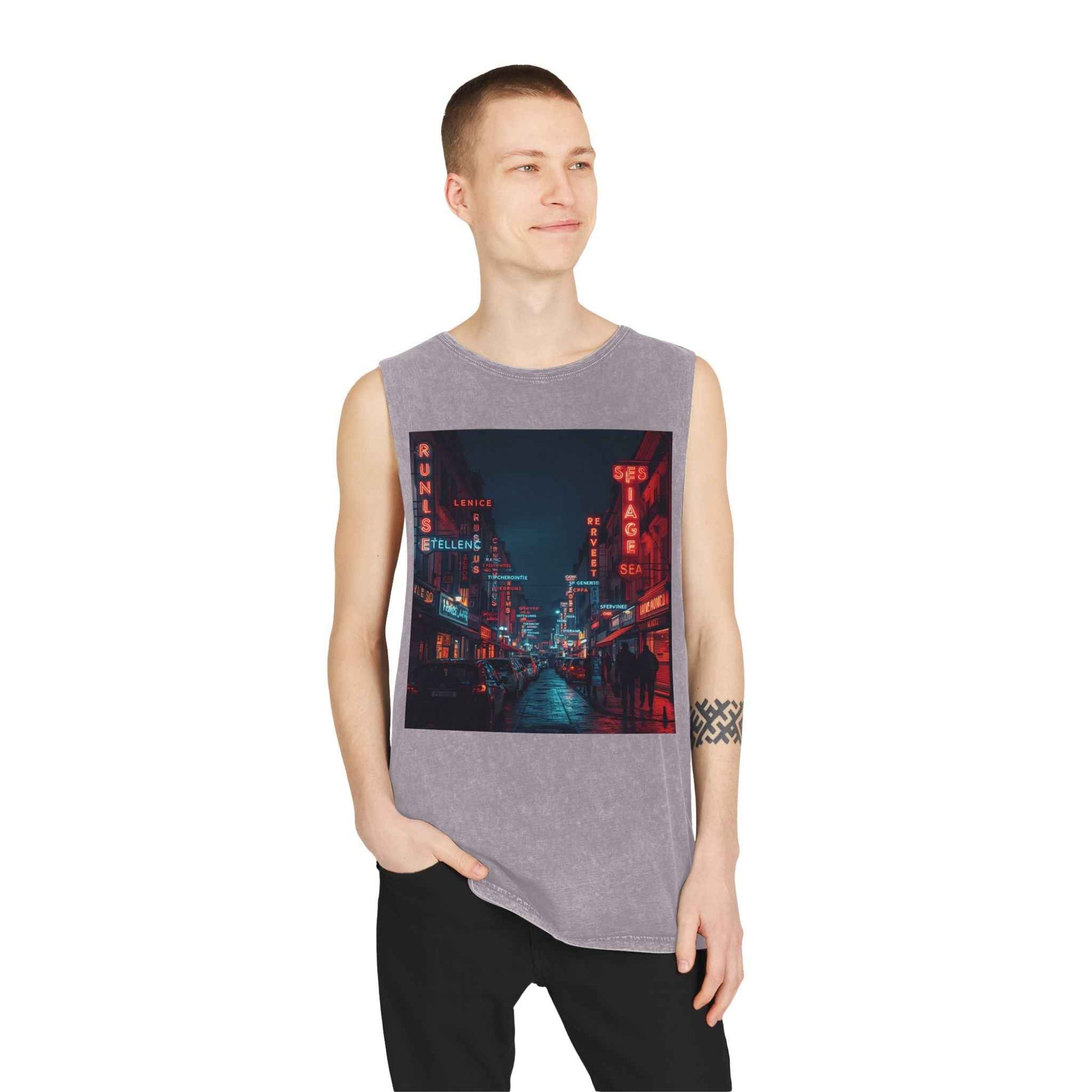 Neon French Cityscape Stonewash Tank Top With Retro Cyberpunk Night Street Print