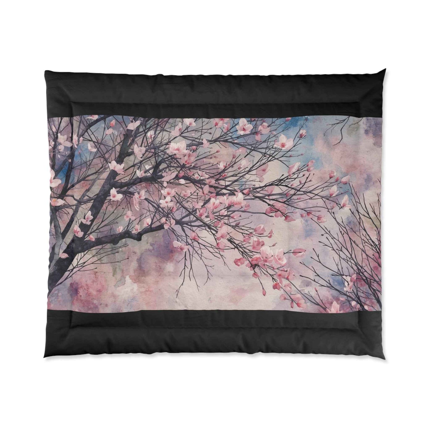 Cherry Blossom Comforter Set Lightweight Pink Watercolor Tree Bedding Microfiber