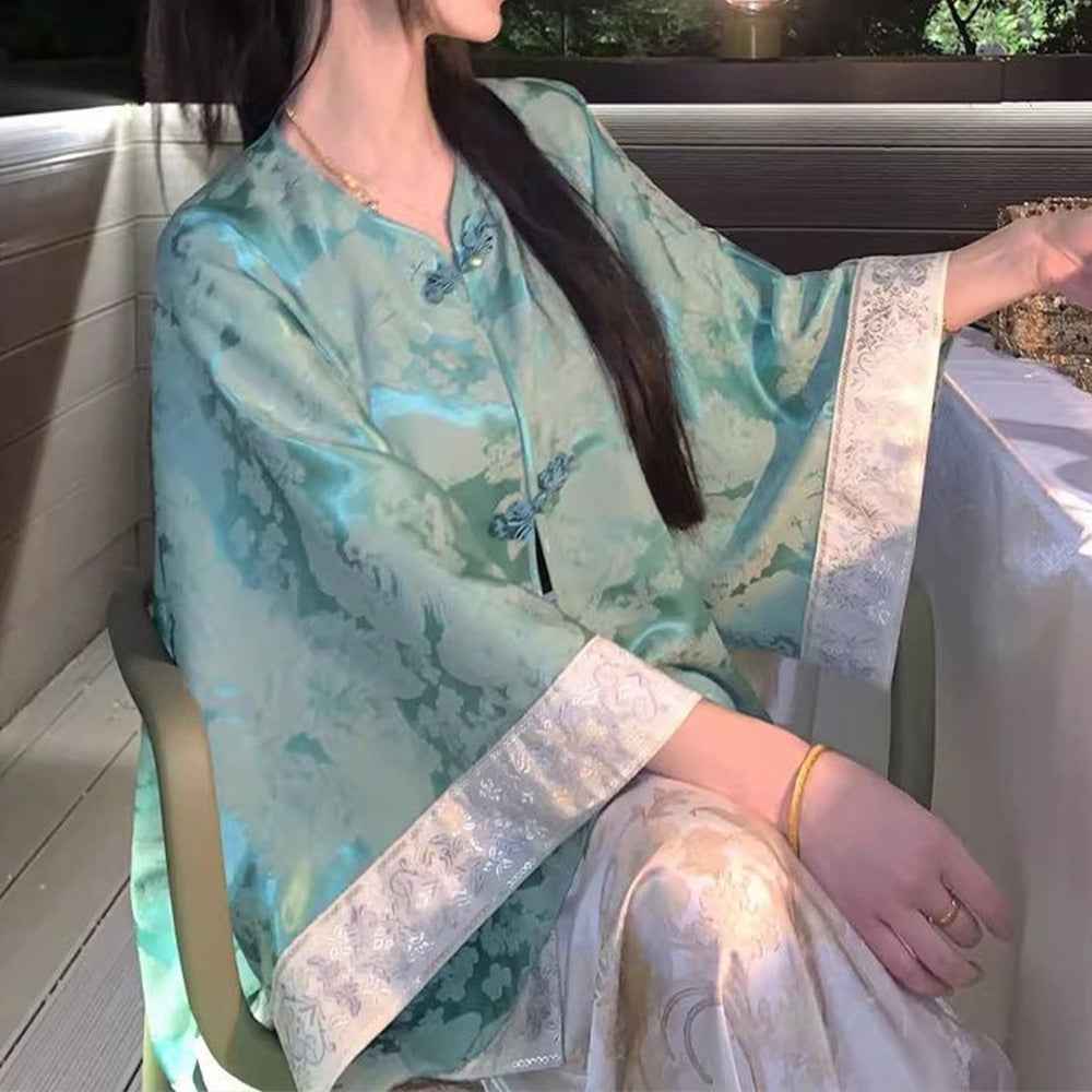 Green Loose Long Sleeve Chinese Style Jacquard Top With Knot Button