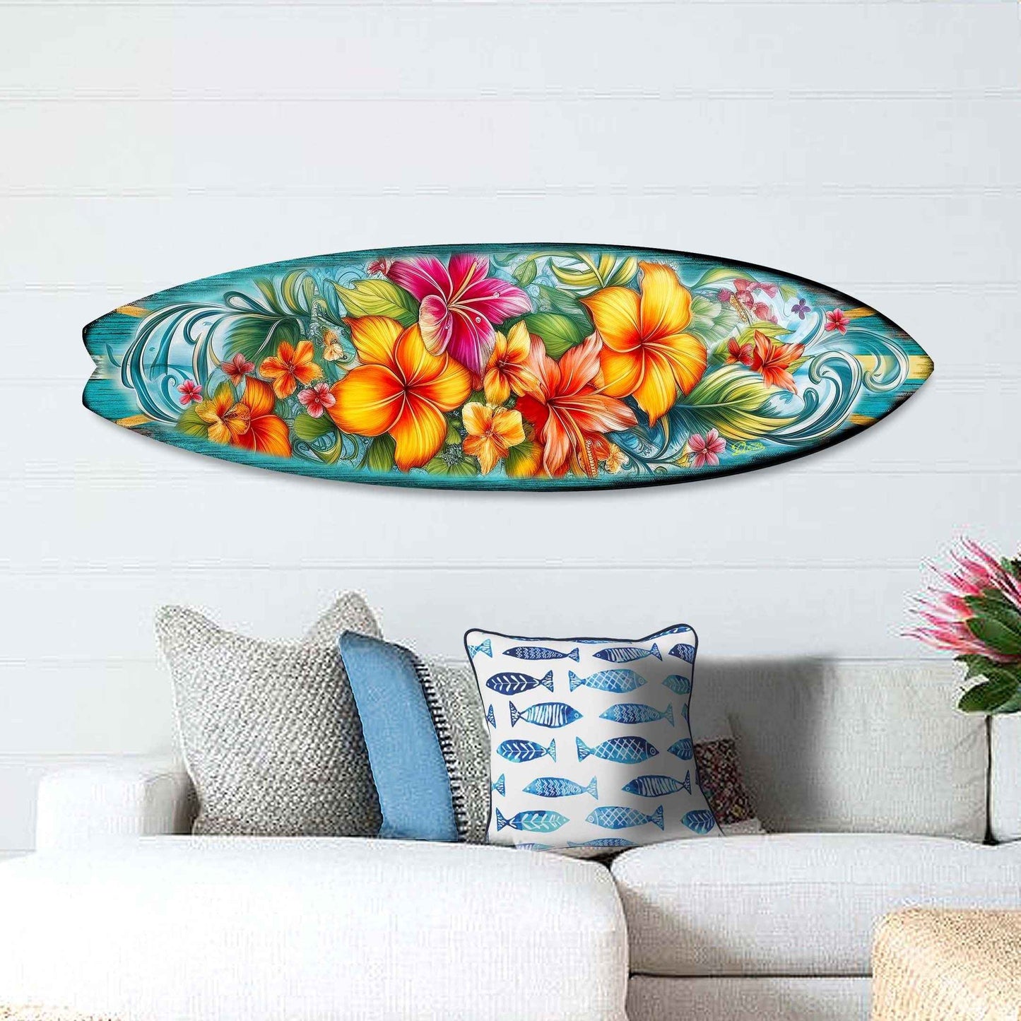 Hawaiian Flowers Surfboard Coastal Wall Art by G. DeBrekht - Coastal Holiday Decor - 8490121HS